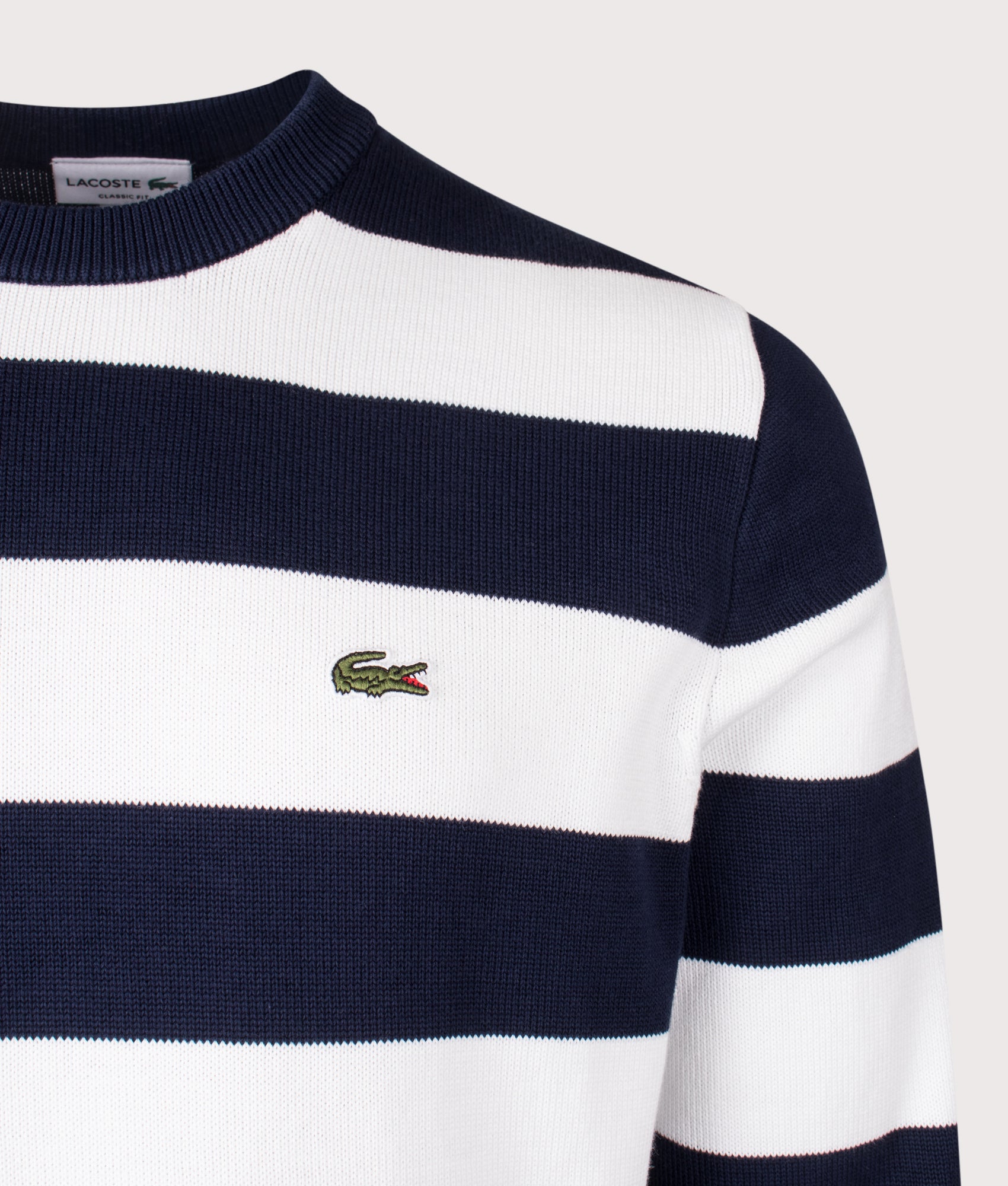 Striped Sweatshirt in Navy by Lacoste. Shot By EQVVS. Detail shot.