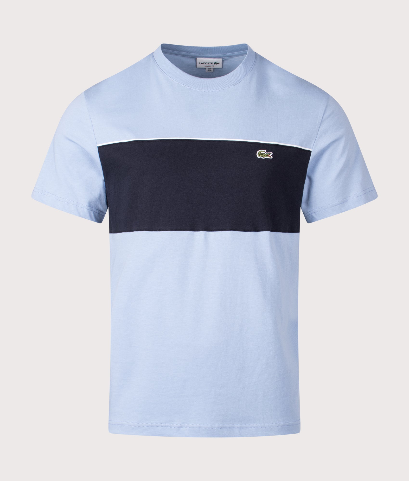 Lacoste Colour Block T-Shirt in Aphylla and Blackbird at EQVVS Menswear. Front shot.