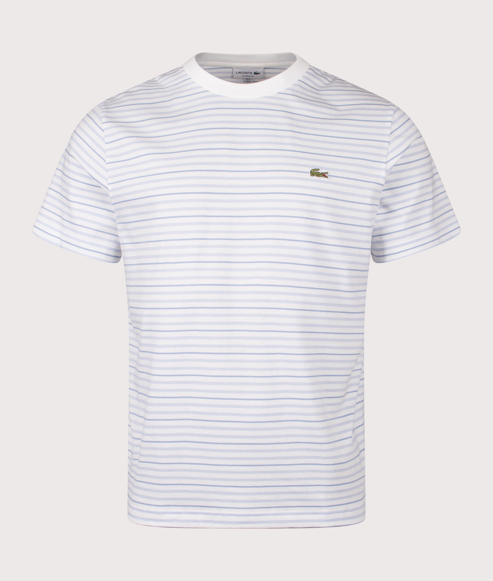 Lacoste Striped T-Shirt in Phoenix Blue and Flour at EQVVS Menswear. Front shot.