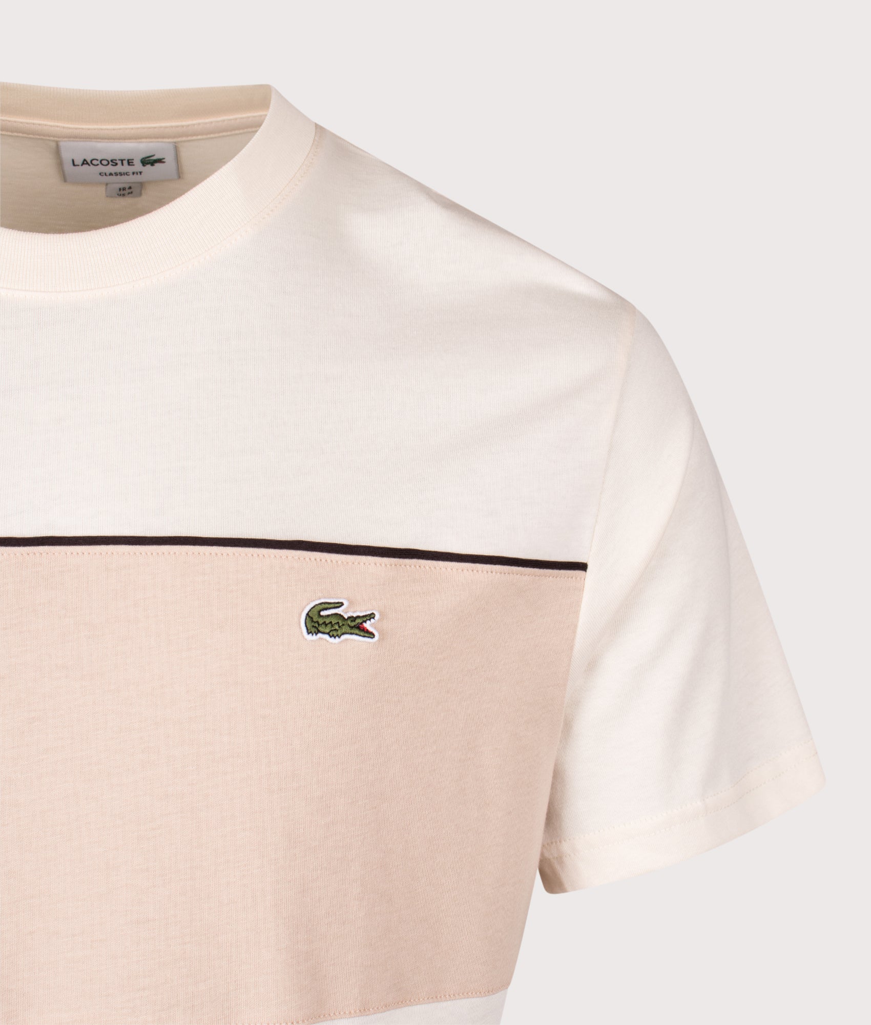Lacoste Colour Block T-Shirt in Lapland and Lionne at EQVVS Menswear. Detail shot.