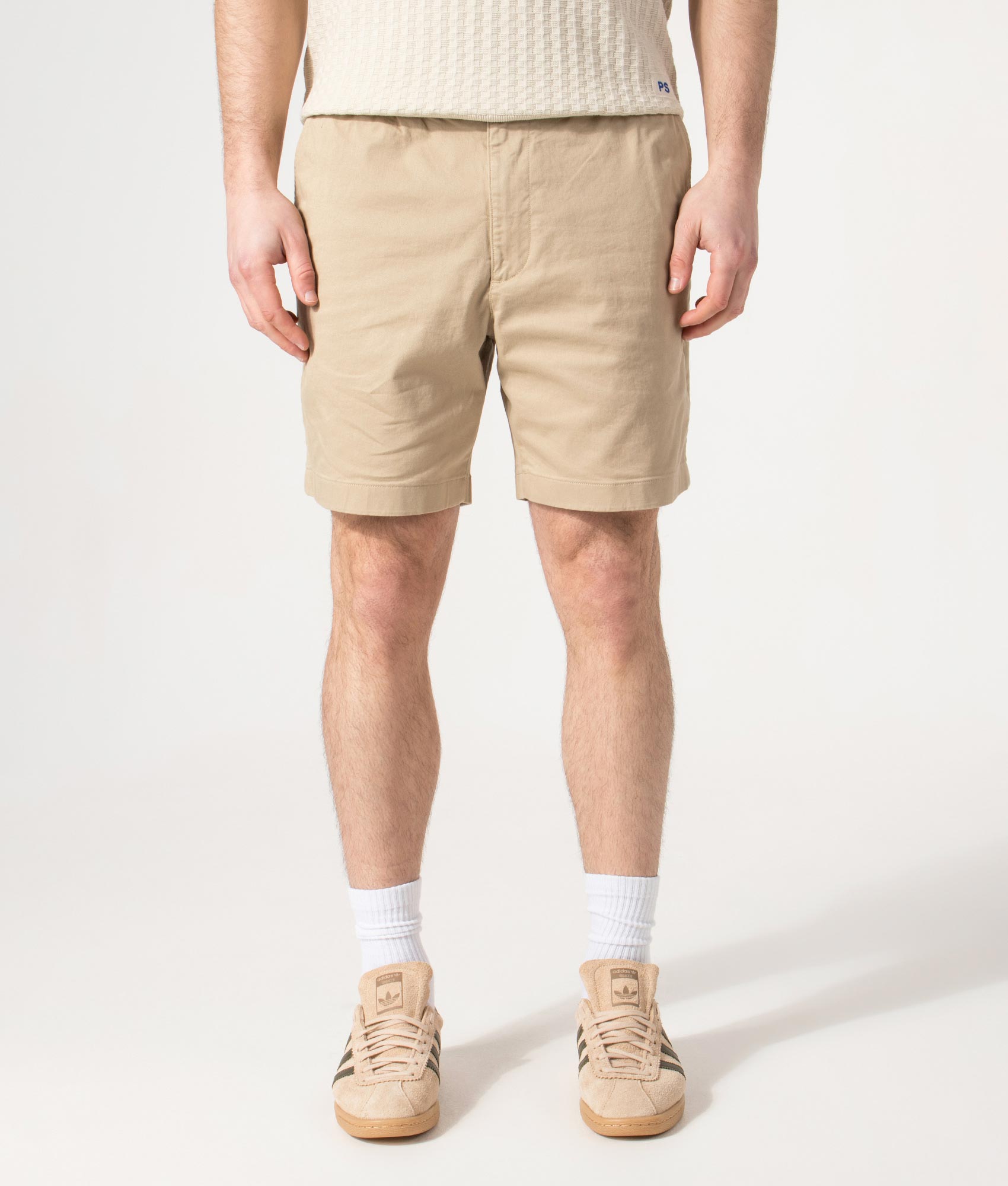 Lacoste Regular Fit Stretch Cotton Chino Shorts in Viennese Beige at EQVVS Menswear. Model front shot.