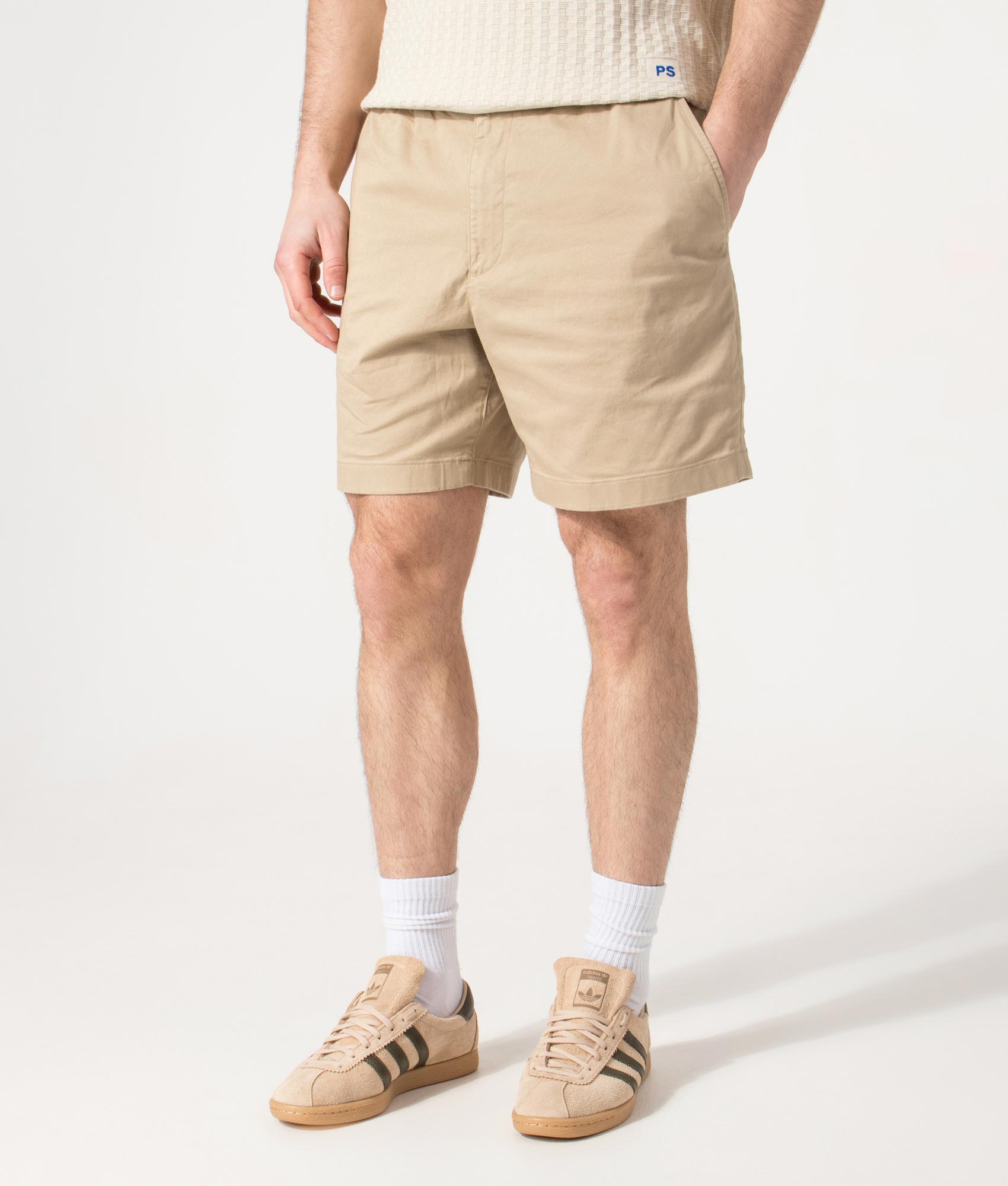 Lacoste Regular Fit Stretch Cotton Chino Shorts in Viennese Beige at EQVVS Menswear. Angled model front shot.