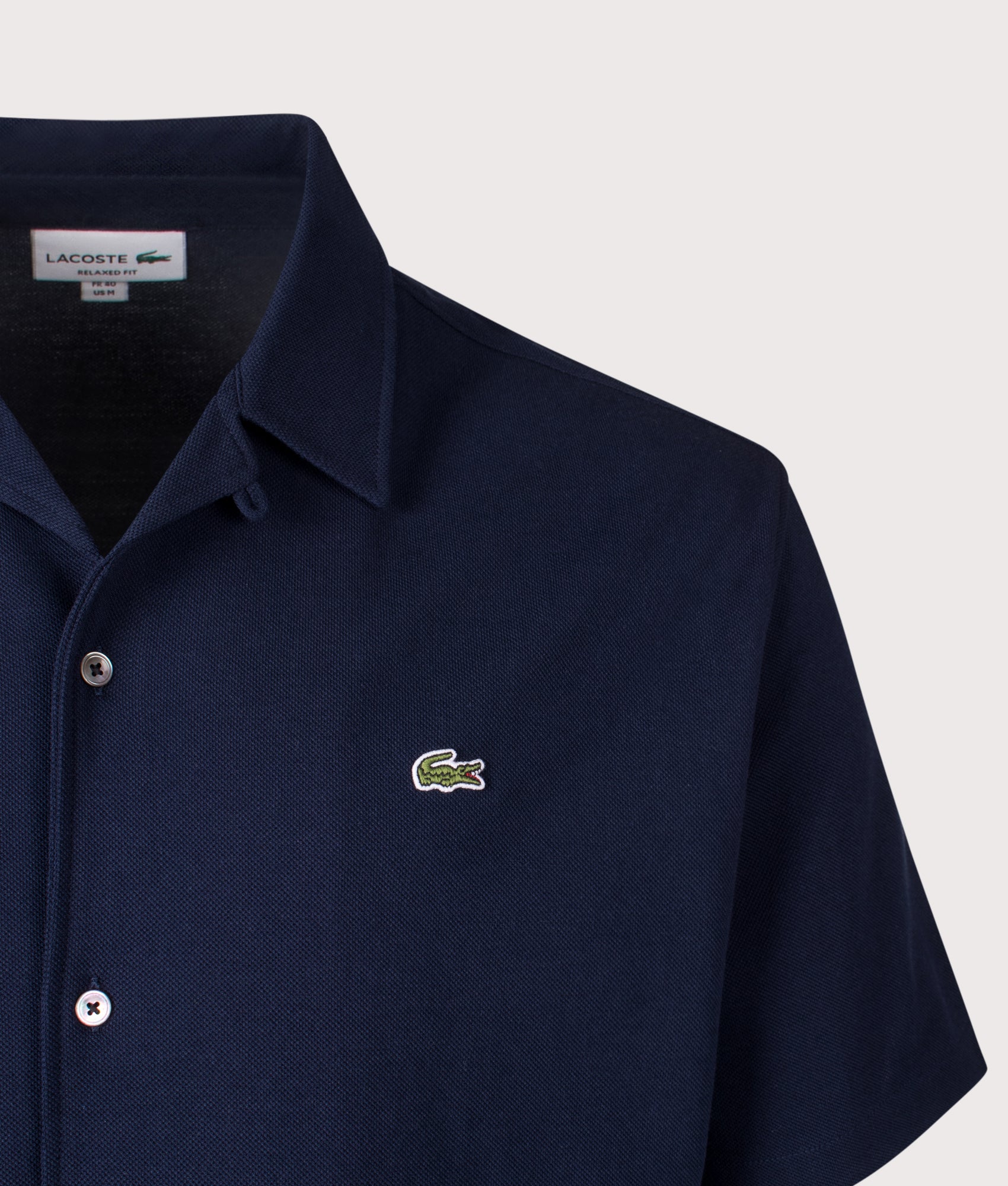 Lacoste Short Sleeve Casual Shirt in Navy Blue at EQVVS Menswear. Detail shot.