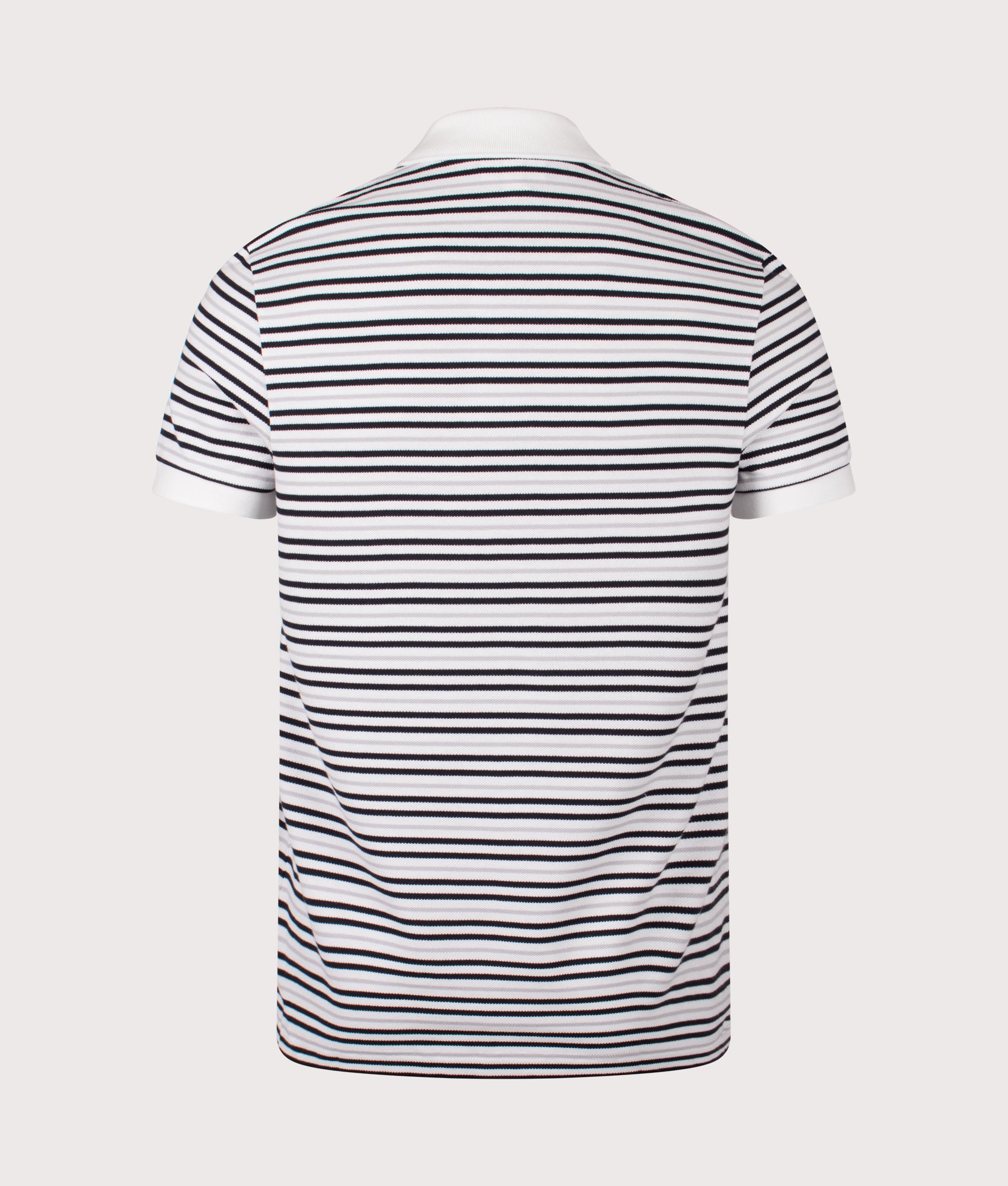 Lacoste Striped Petit Piqué Polo Shirt in Blackbird and Flour at EQVVS Menswear. Back shot.