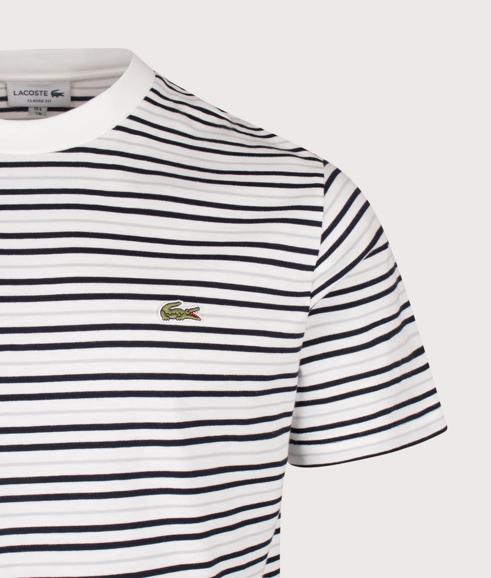 Lacoste Regular Fit Striped T-Shirt in Blue at EQVVS Menswear. Detail shot.