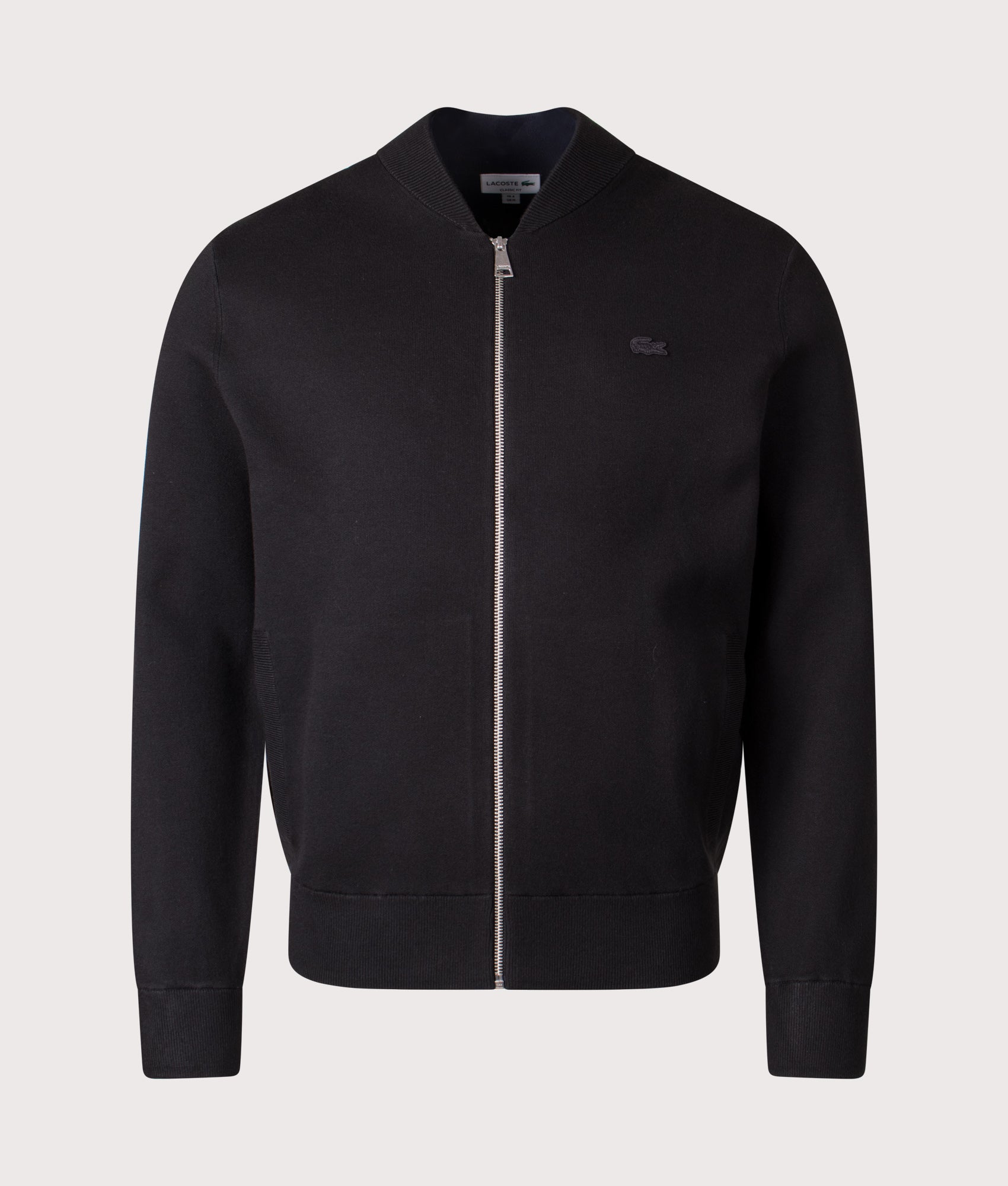 Lacoste Zip Through Double Knit Bomber Jacket in Black at EQVVS Menswear. Front shot.