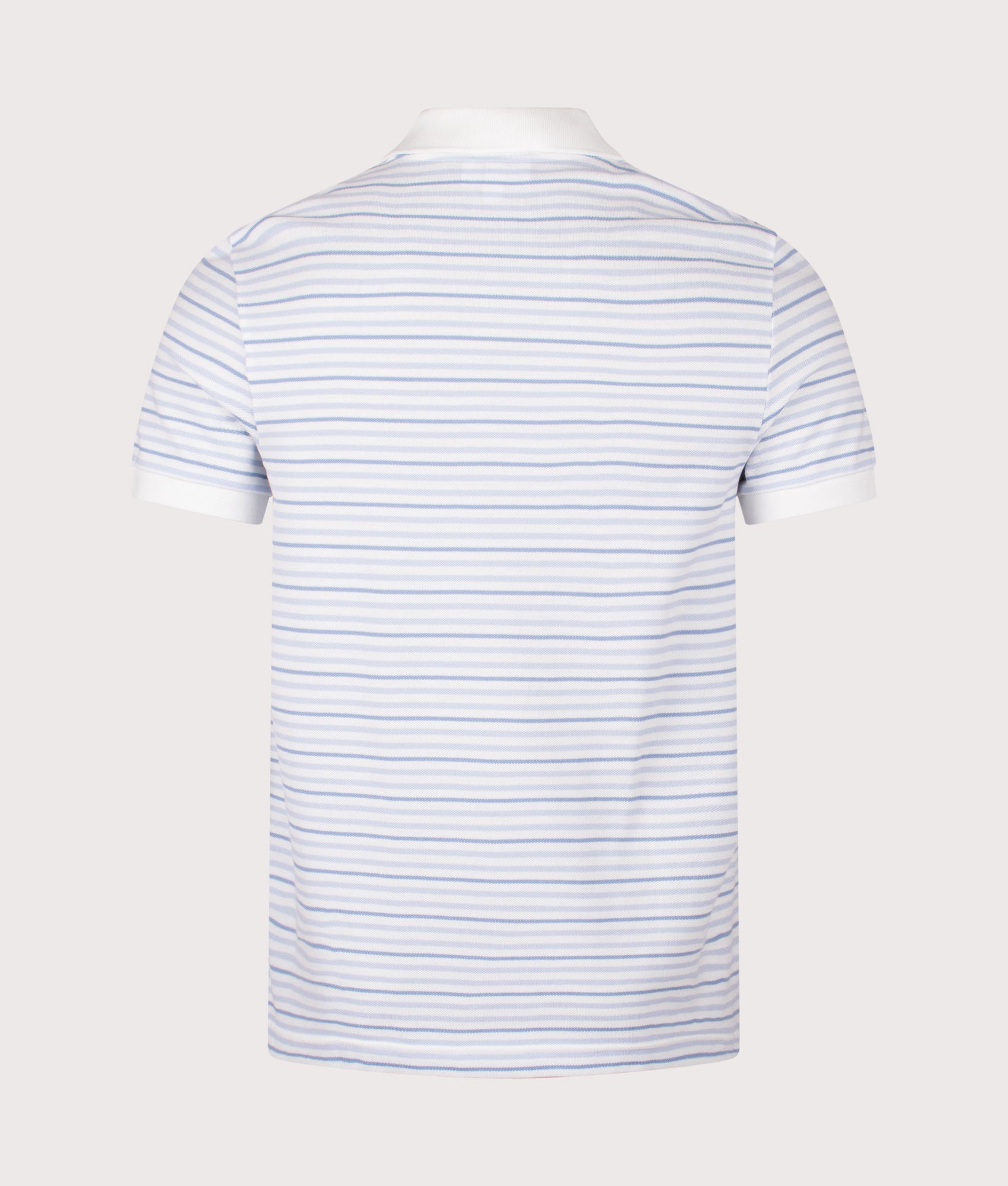 Lacoste Rib Collar Striped Polo Shirt in Phoenix Blue and Flour at EQVVS Menswear. Back shot.