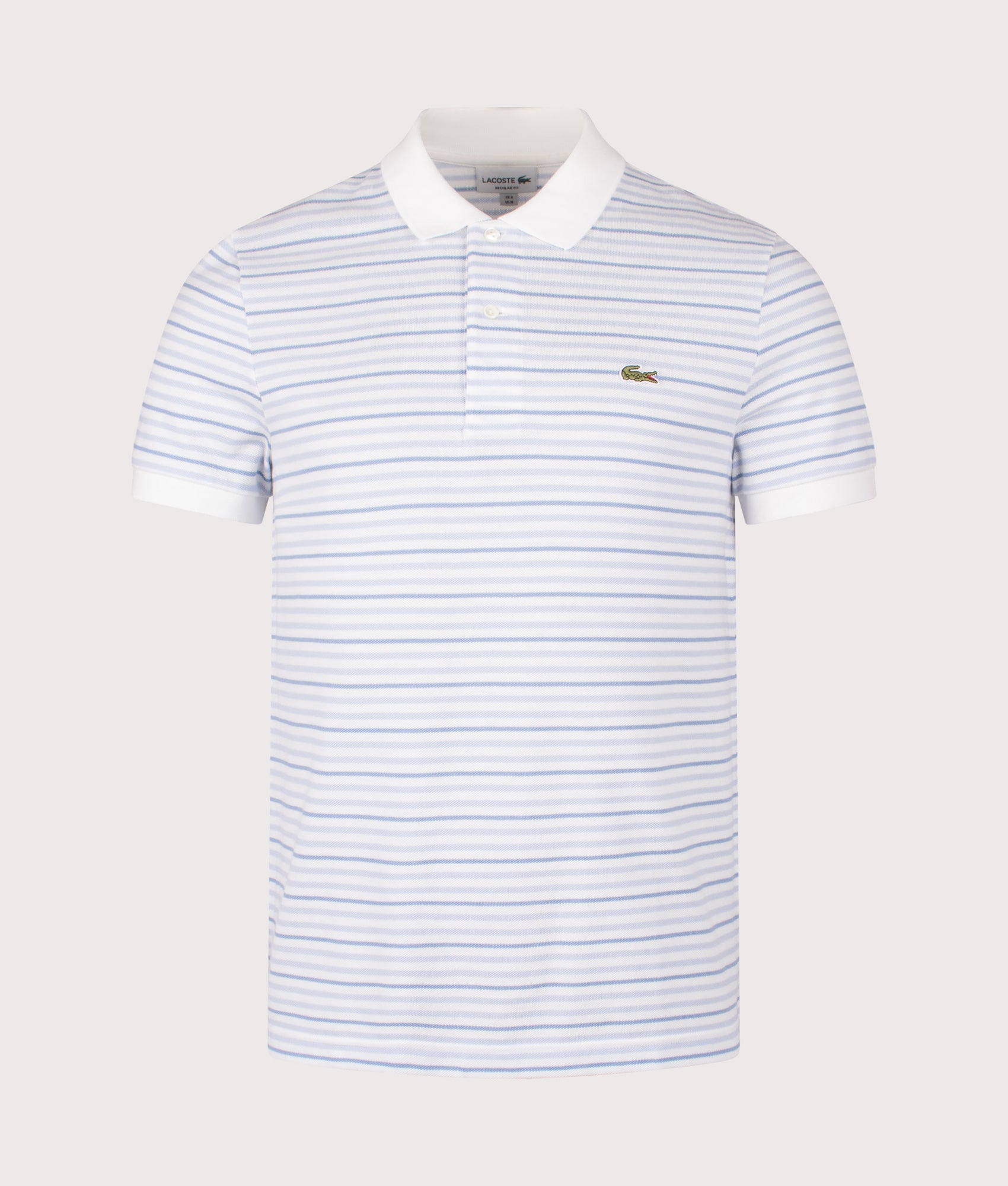 Lacoste Rib Collar Striped Polo Shirt in Phoenix Blue and Flour at EQVVS Menswear. Front shot.