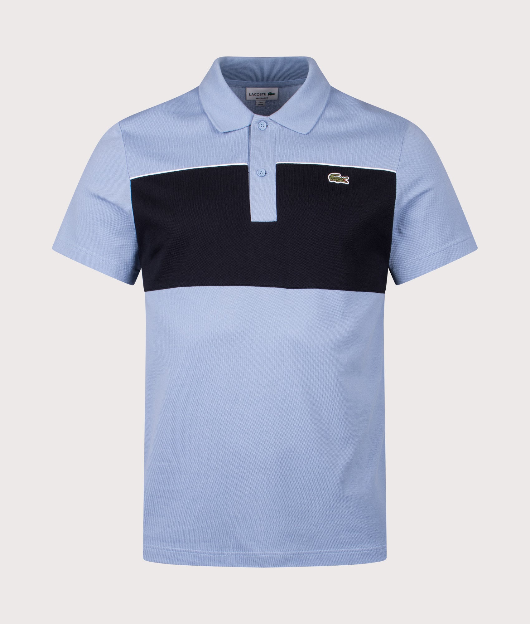 Lacoste Colour Block Piqué Polo Shirt in Aphylla and Blackbird at EQVVS Menswear. Front shot.