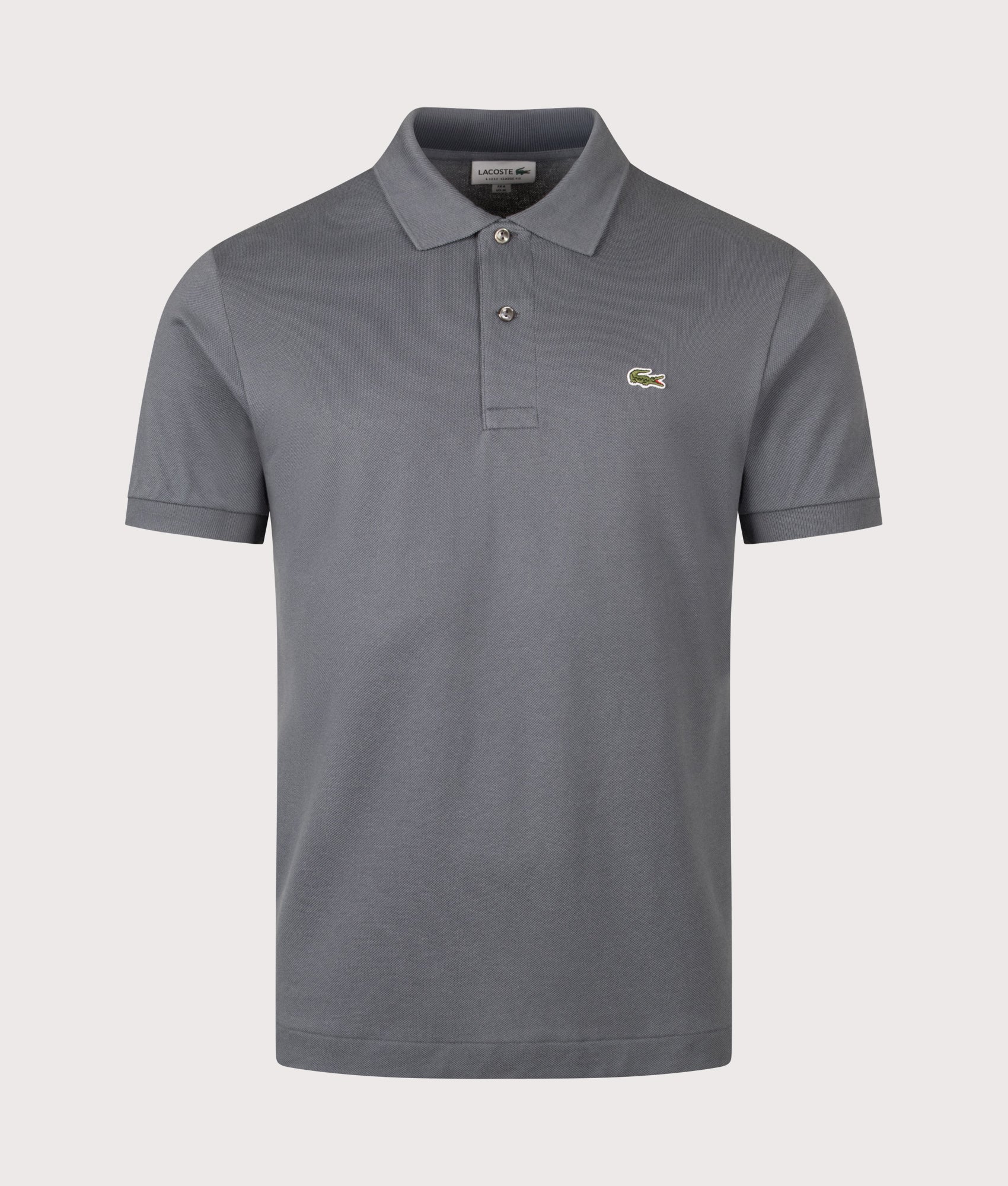 Lacoste Classic Fit L1212 Croc Logo Polo Shirt in Grey at EQVVS Menswear. Front shot.