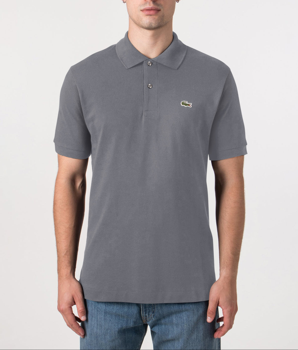 Lacoste L1212 Croc Polo Shirt White at EQVVS Menswear. Front model shot.
