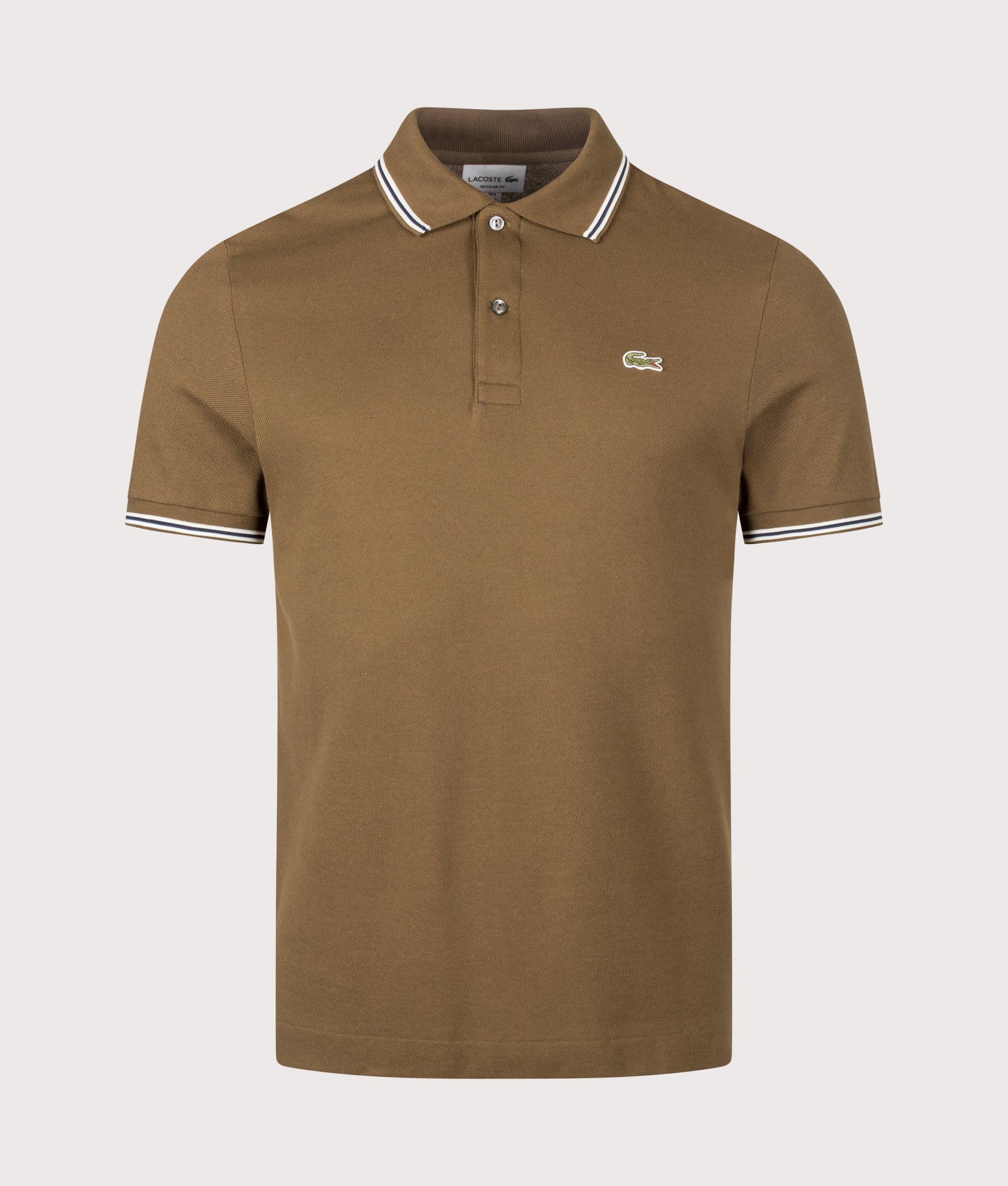 Lacoste Regular Fit Tipped Polo Shirt in Coffee Brown at EQVVS Menswear. Front shot.