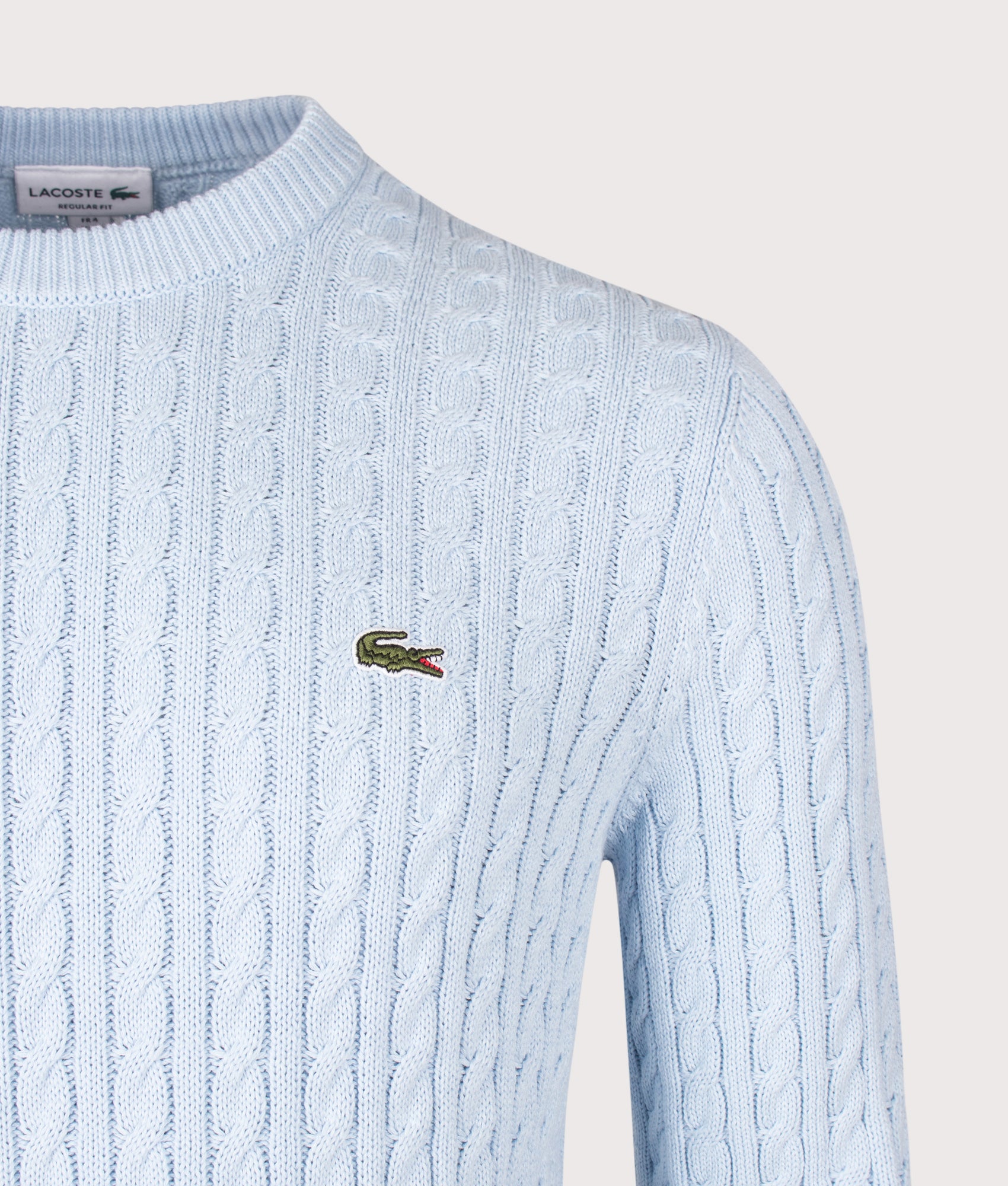 Lacoste Regular Fit Cable Knitted Jumper in Rill and Green at EQVVS Menswear. Detail shot.