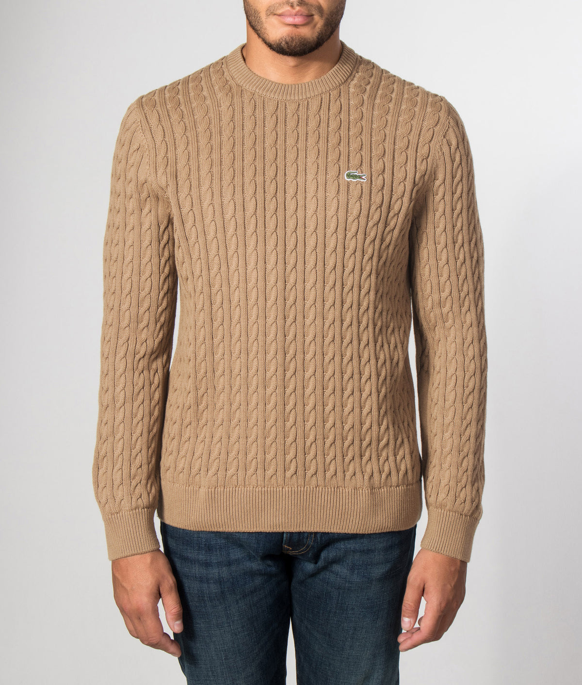 Lacoste Regular Fit Cable Knitted Jumper in Cookie and Green at EQVVS Menswear. Model front shot.