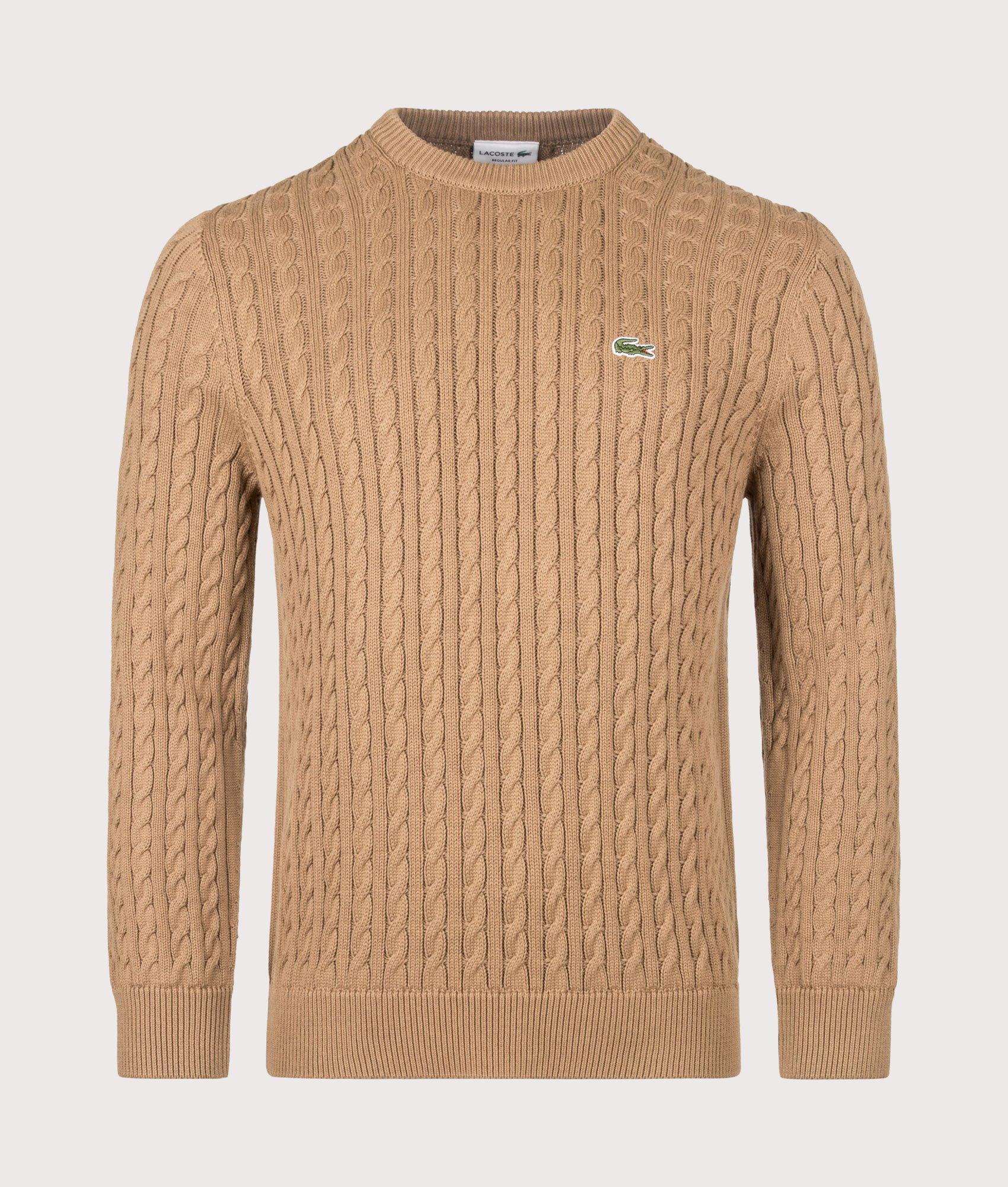 Lacoste Regular Fit Cable Knitted Jumper in Cookie and Green at EQVVS Menswear. Front shot.