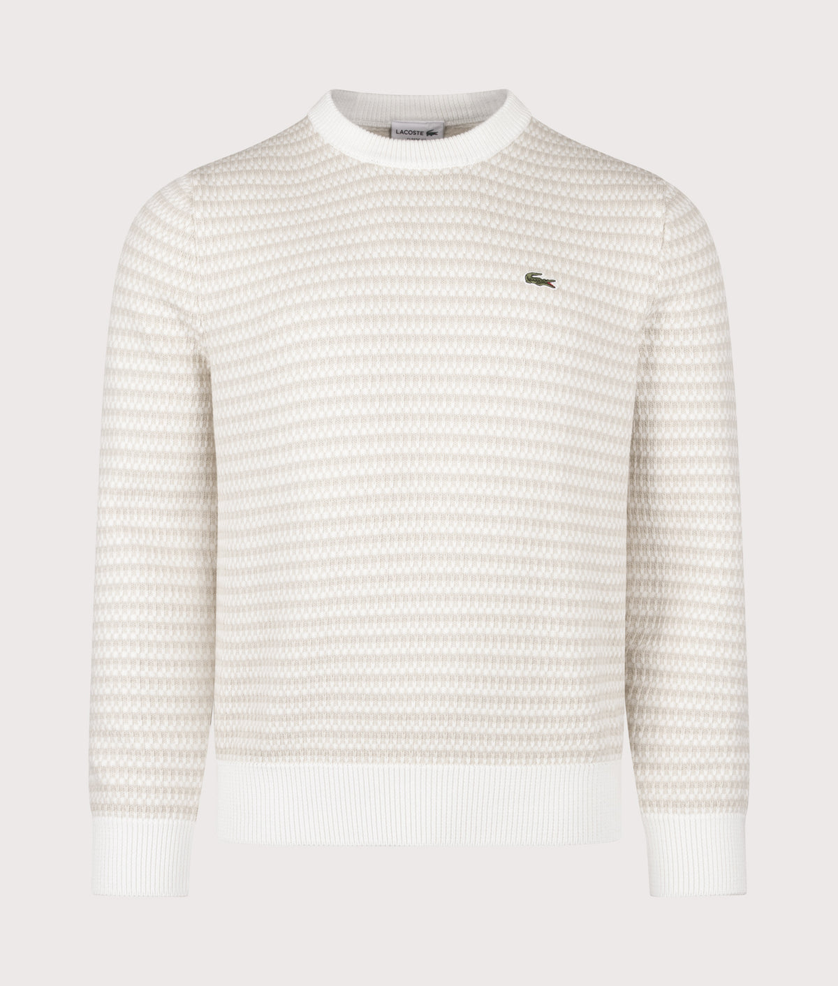 Lacoste Regular Fit Stripe Knitted Jumper in Powder, Pegasus and Flour at EQVVS Menswear. Front shot.