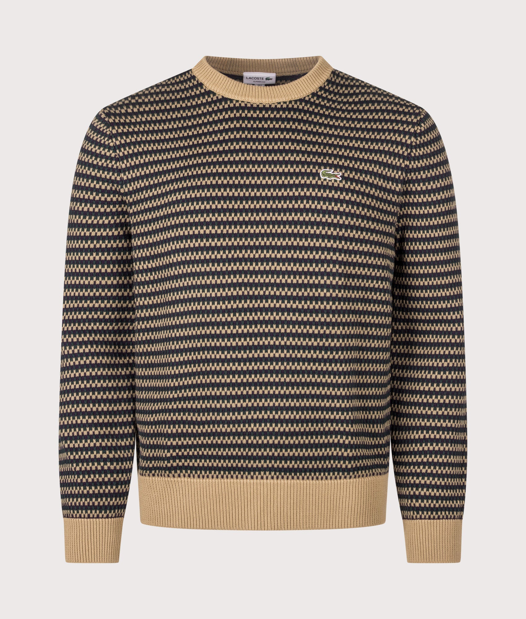 Lacoste Regular Fit Stripe Knitted Jumper in Cookie, Sinople and Dark Navy at EQVVS Menswear. Front shot.