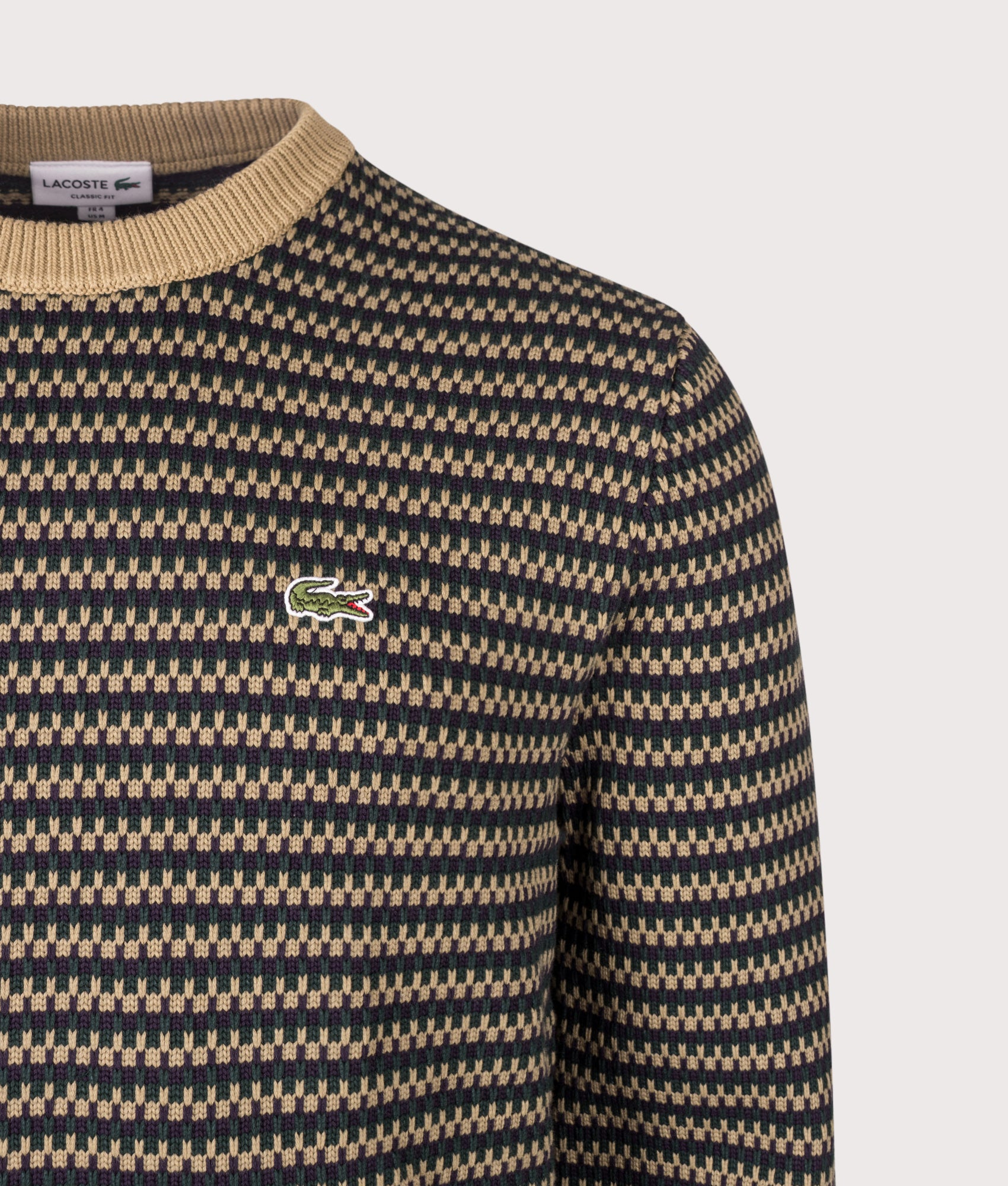Lacoste Regular Fit Stripe Knitted Jumper in Cookie, Sinople and Dark Navy at EQVVS Menswear. Detail shot.