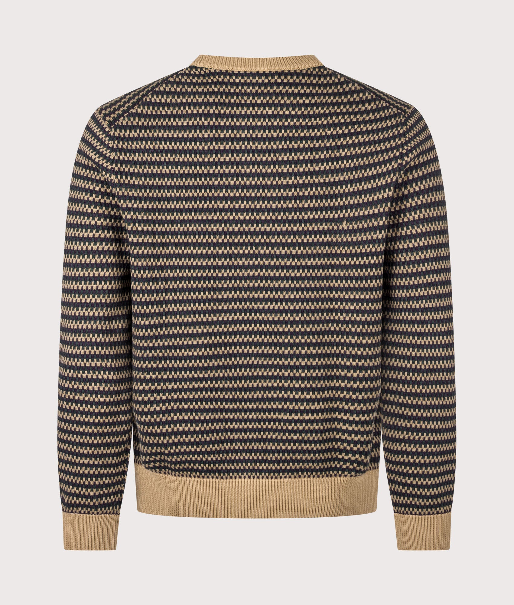 Lacoste Regular Fit Stripe Knitted Jumper in Cookie, Sinople and Dark Navy at EQVVS Menswear. Back shot.