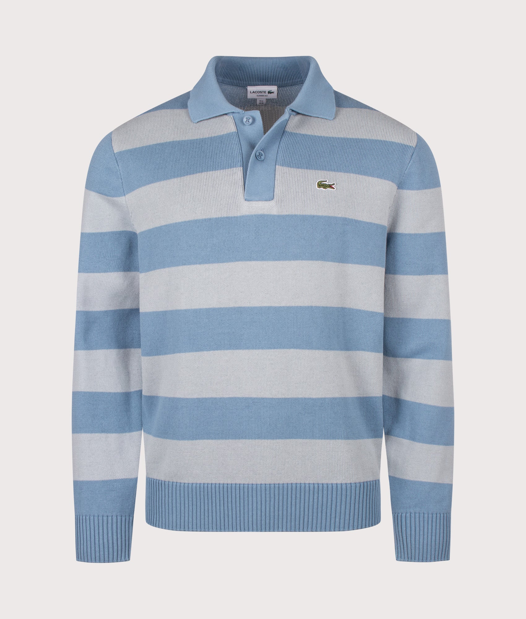 Lacoste Classic Fit Long Sleeve Knitted Polo Shirt in Aral and Shell Grey at EQVVS Menswear. Front shot.