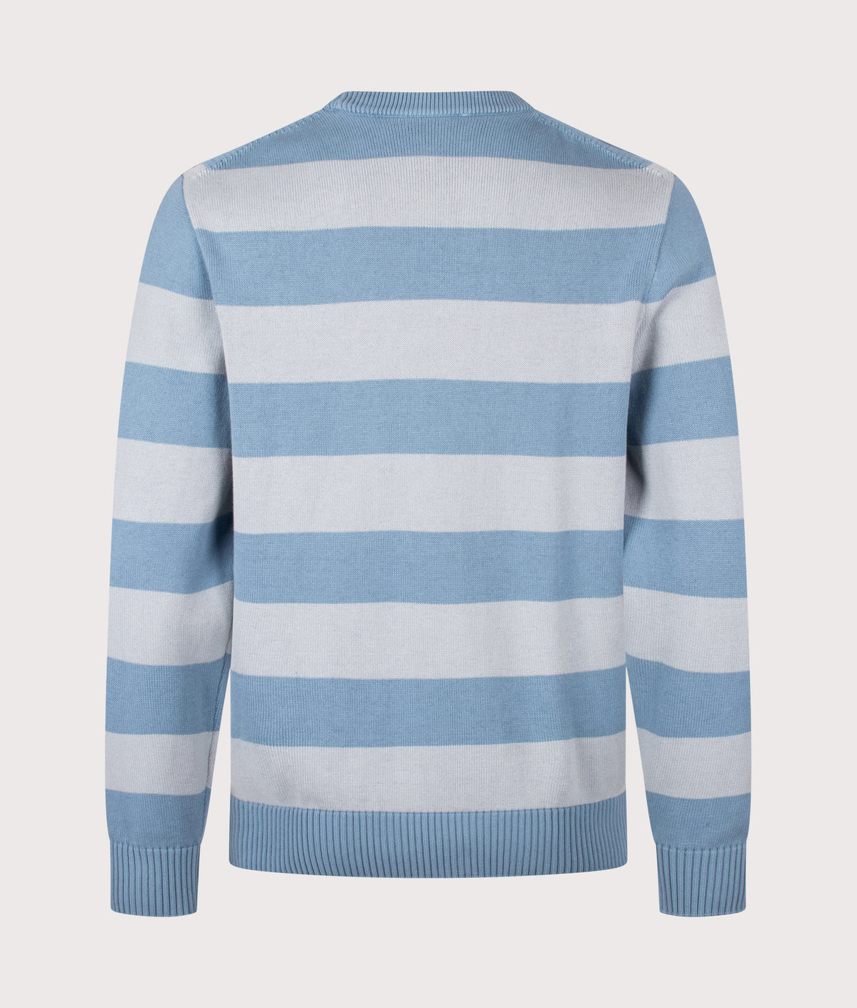 Lacoste Classic Fit Long Sleeve Knitted Jumper in Aral and Shell Grey at EQVVS Menswear. Back shot.