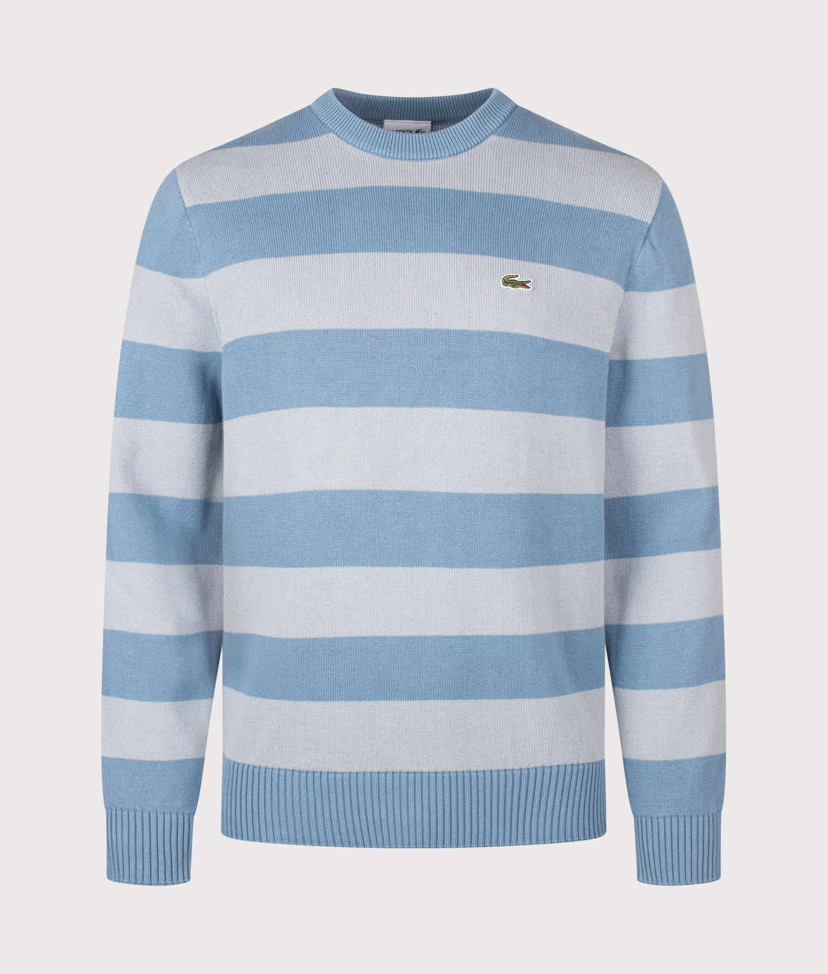 Lacoste Classic Fit Long Sleeve Knitted Jumper in Aral and Shell Grey at EQVVS Menswear. Front shot.