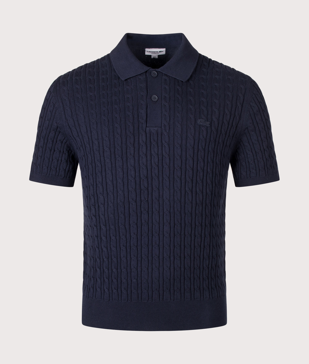 Lacoste Regular Fit Cable Knitted Polo Shirt  in Dark Navy Blue and Green at EQVVS Menswear. Front shot.