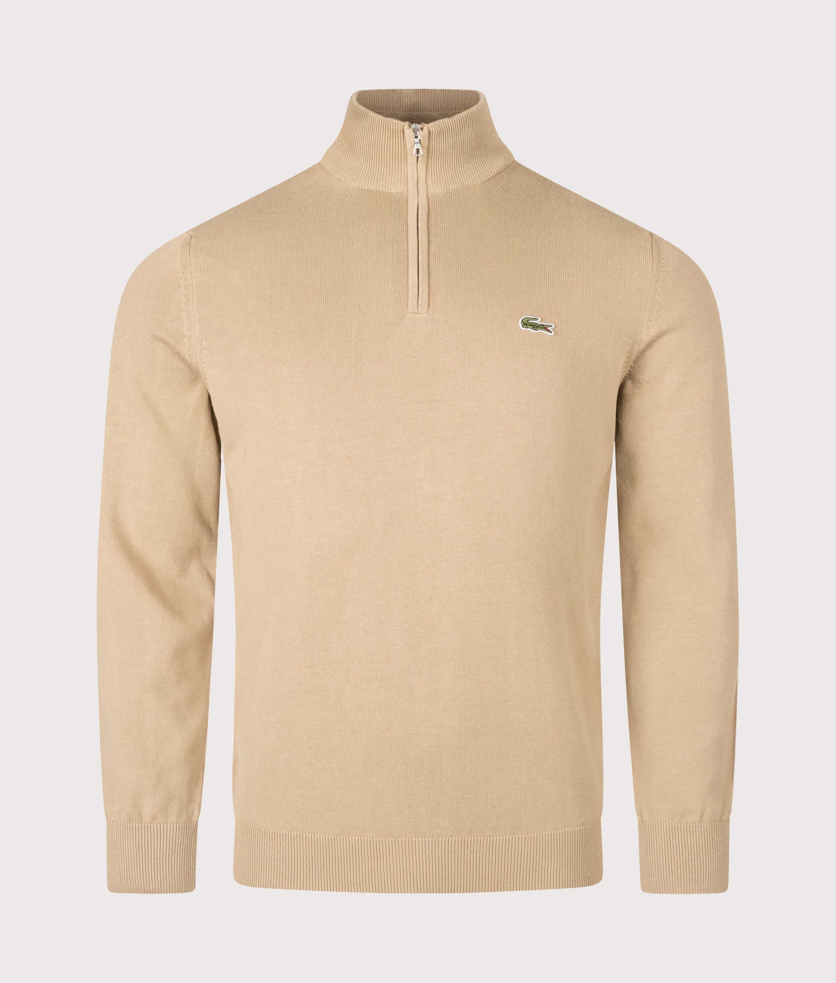 Lacoste Regular Fit Quarter Zip Knit Jumper in Cookie at EQVVS Menswear. Front shot.
