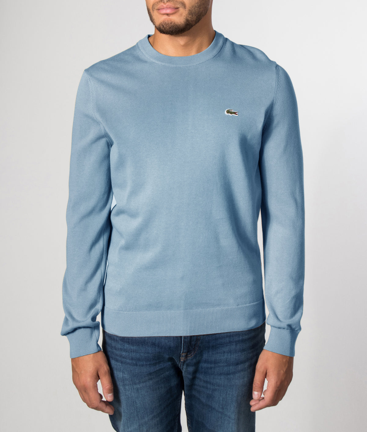 Lacoste Regular Fit Croc Logo Knitted Jumper in Aral at EQVVS Menswear. Front model shot.