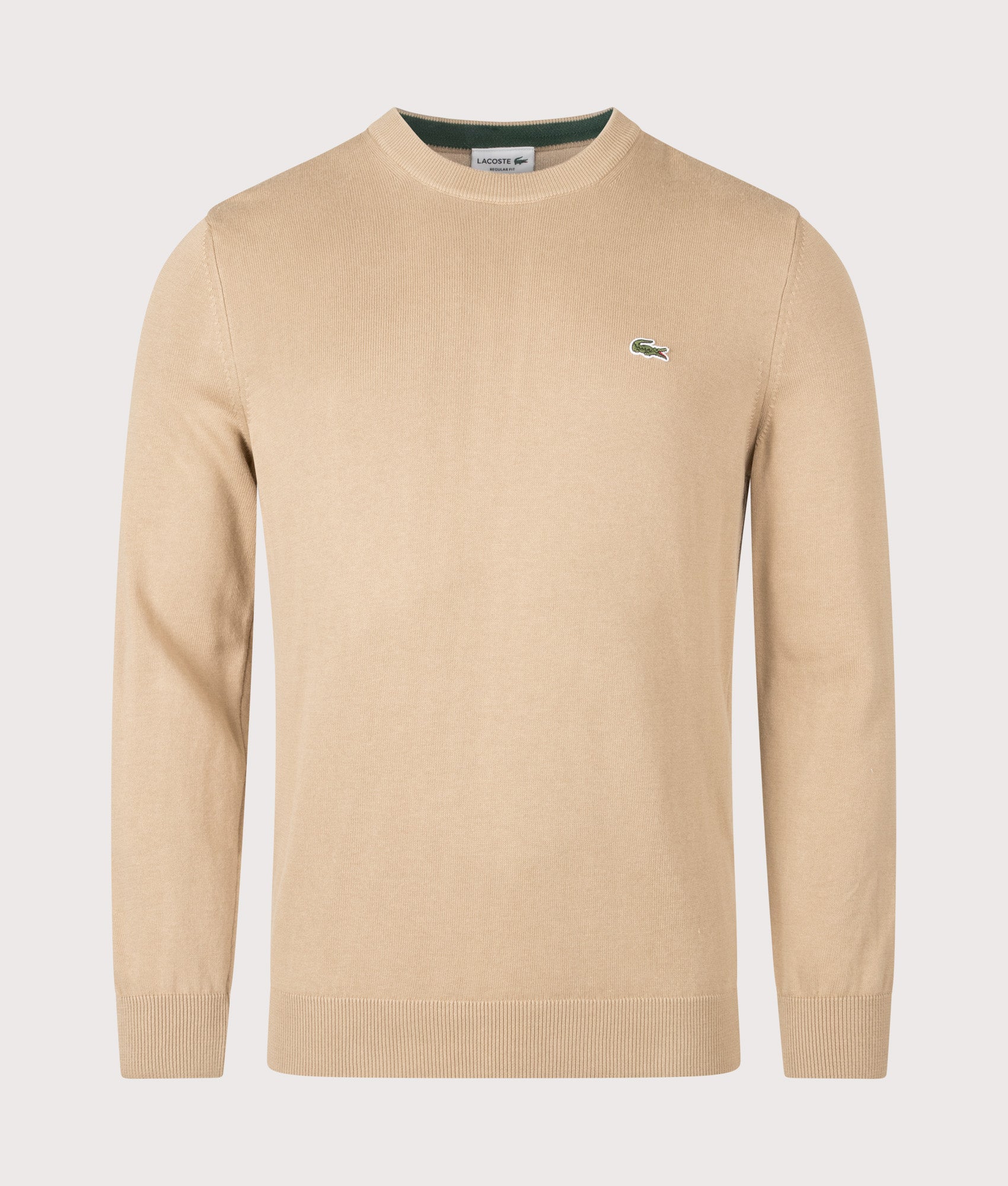 Lacoste Regular Fit Croc Logo Knitted Jumper in Cookie at EQVVS Menswear. Front shot.