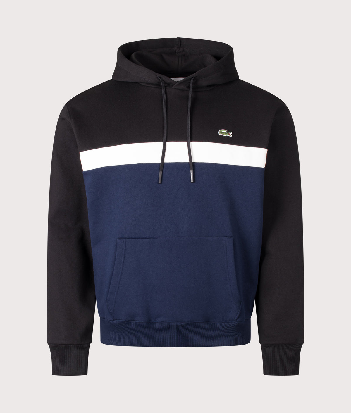 Lacoste Classic Fit Colour Block Hoodie in Black and Navy Blue at EQVVS Menswear. Front shot.