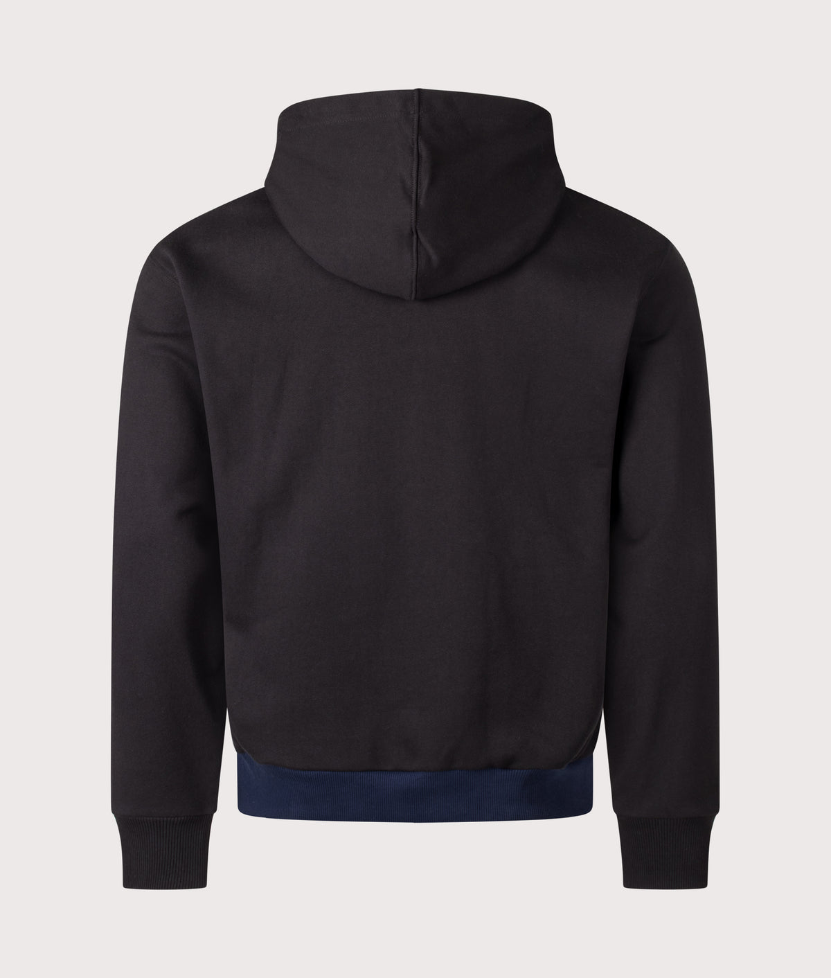 Lacoste Classic Fit Colour Block Hoodie in Black and Navy Blue at EQVVS Menswear. Back shot.