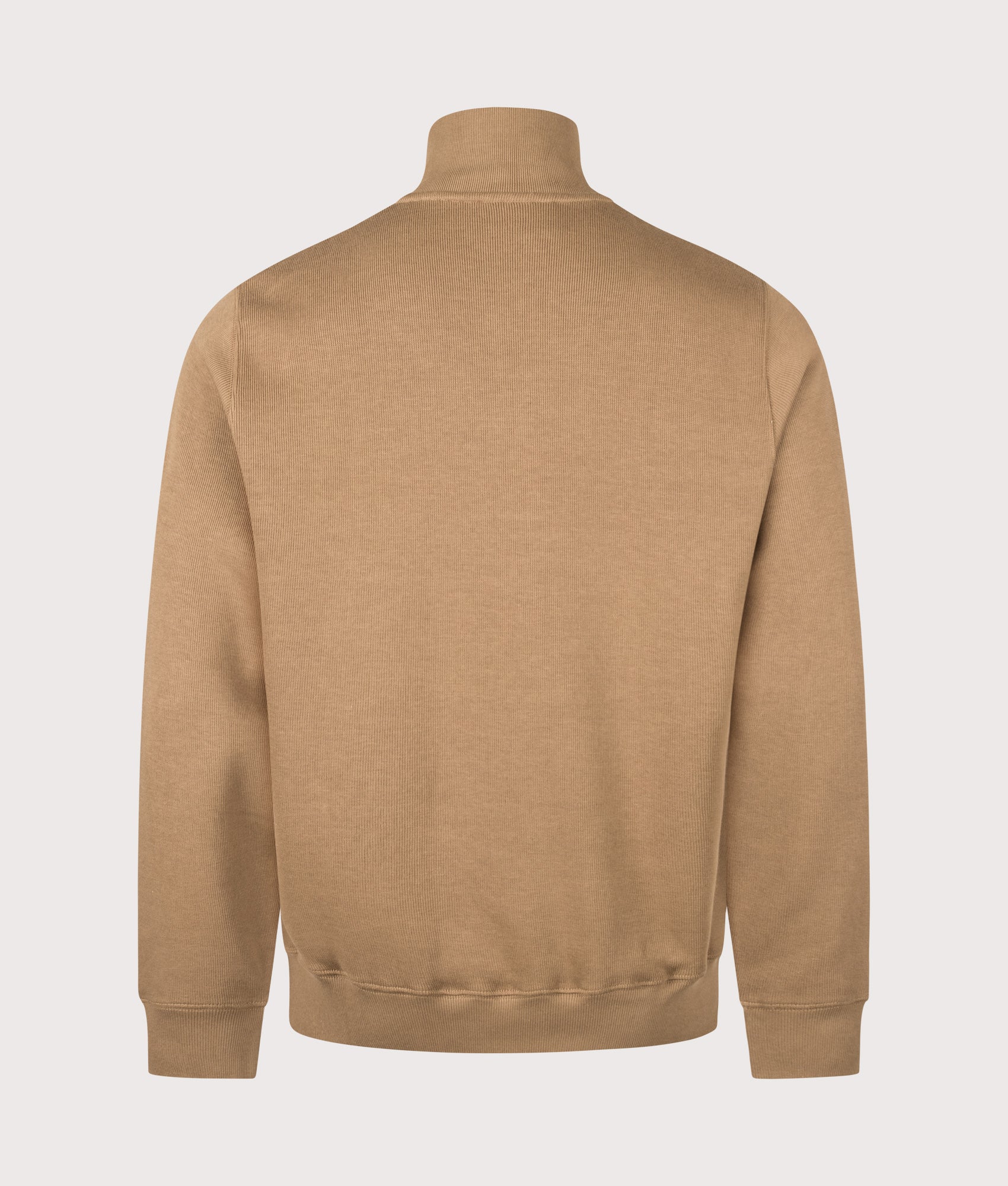 Lacoste Regular Fit Croc Logo Quarter Zip Knit Jumper in Cookie at EQVVS Menswear. Back shot.