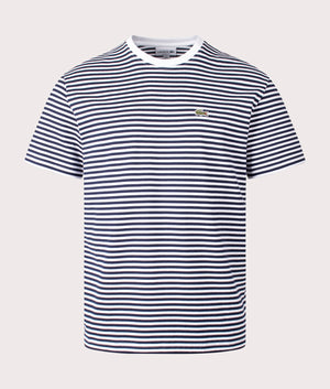 Lacoste Heavy Cotton Striped T-Shirt in White & Navy Blue, 100% Cotton Front Shot at EQVVS
