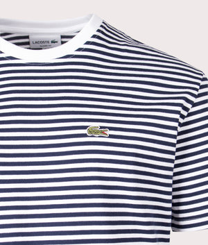 Lacoste Heavy Cotton Striped T-Shirt in White & Navy Blue, 100% Cotton Detail Shot at EQVVS