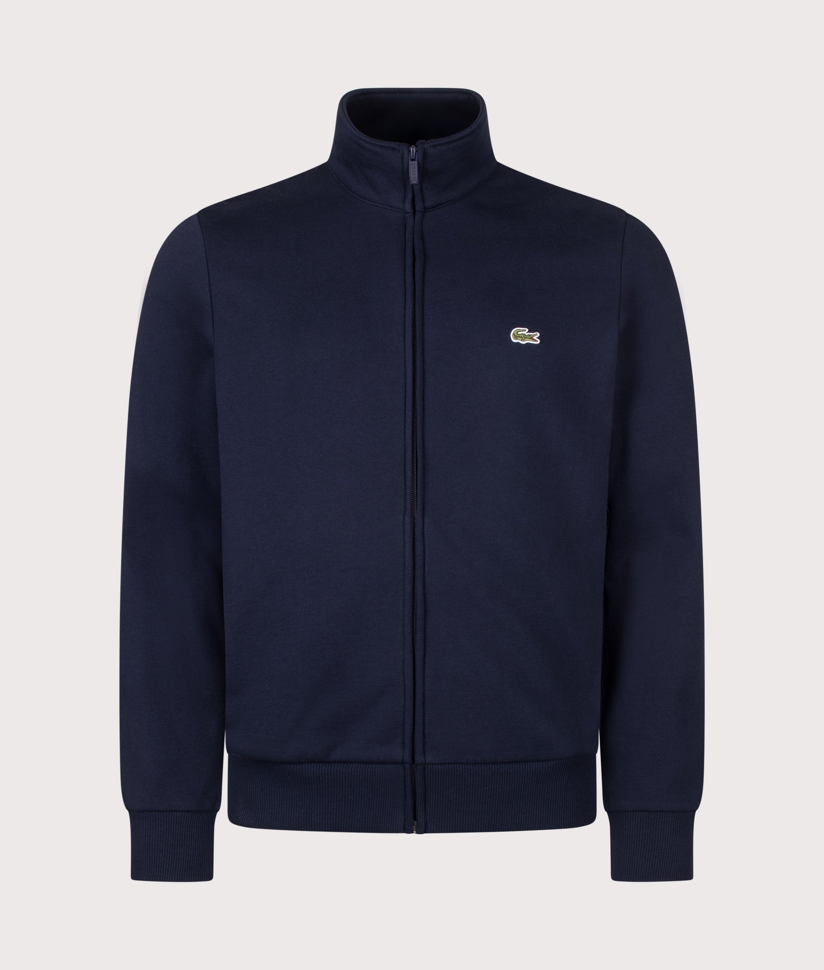 Lacoste Regular Fit Zip Through Sweatshirt in Navy Blue at EQVVS Menswear. Front shot.