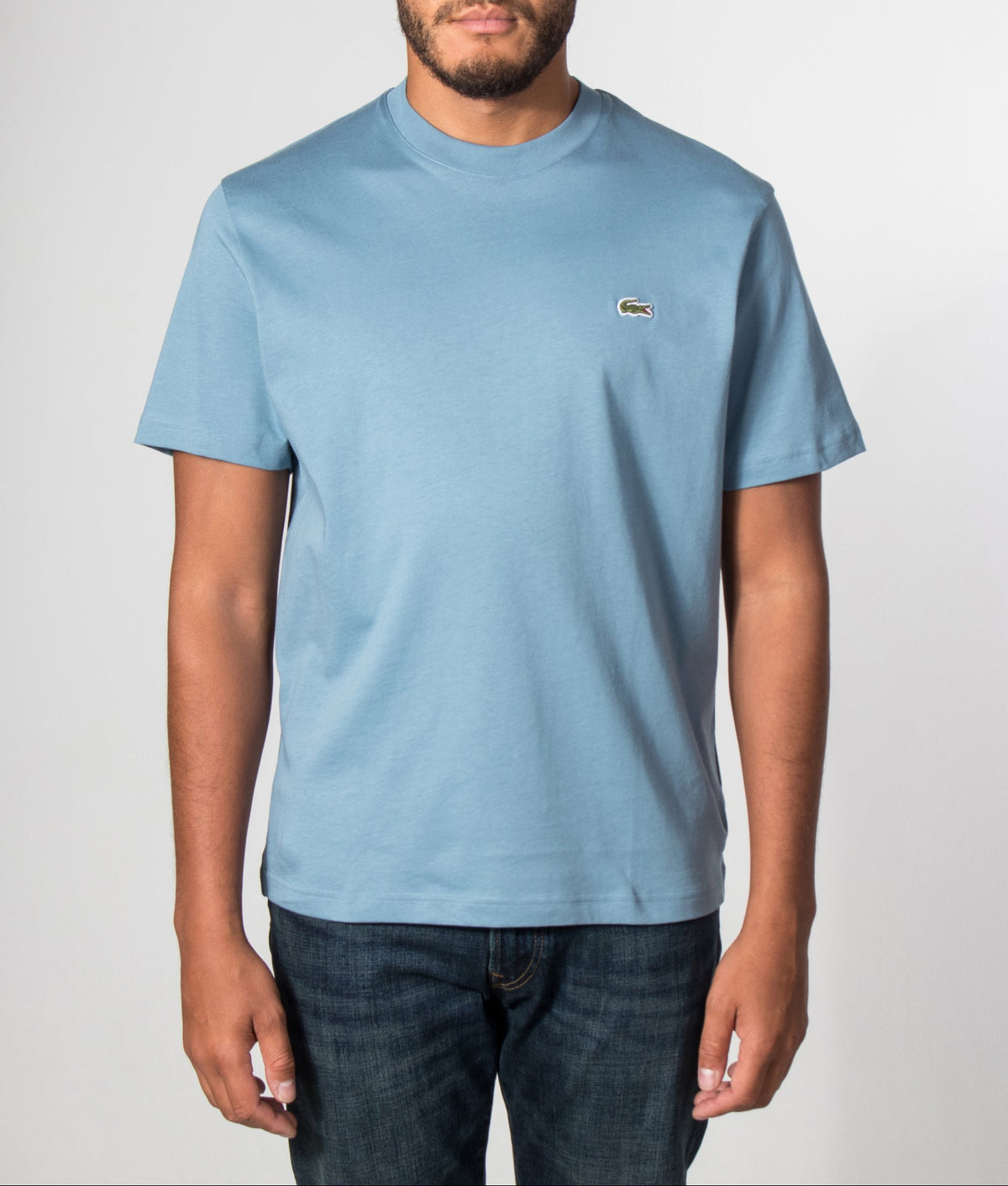 Lacoste Regular Fit Cotton T-Shirt in Aral Blue at EQVVS Menswear. Model front shot.