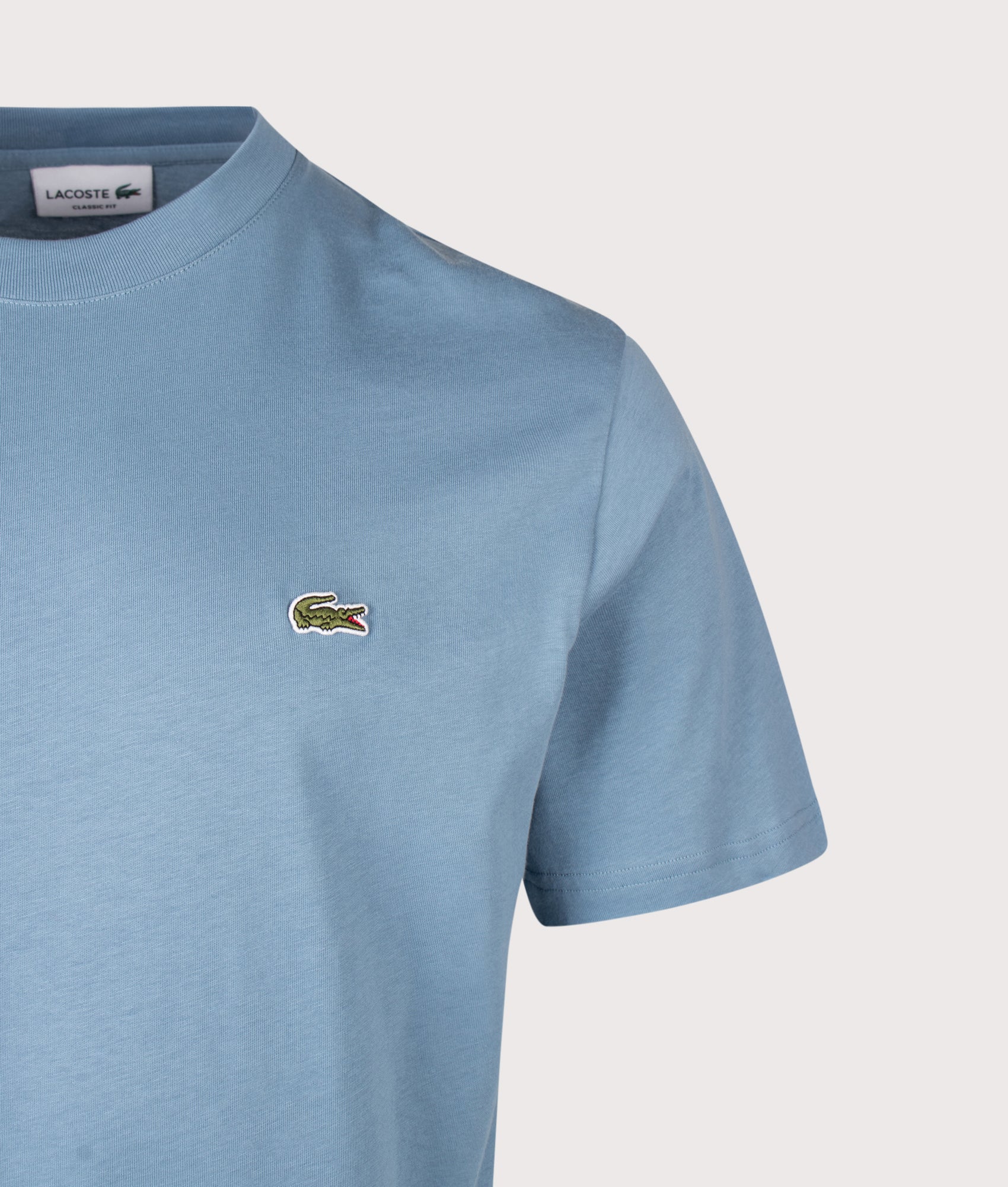 Lacoste Regular Fit Cotton T-Shirt in Aral Blue at EQVVS Menswear. Detail shot.