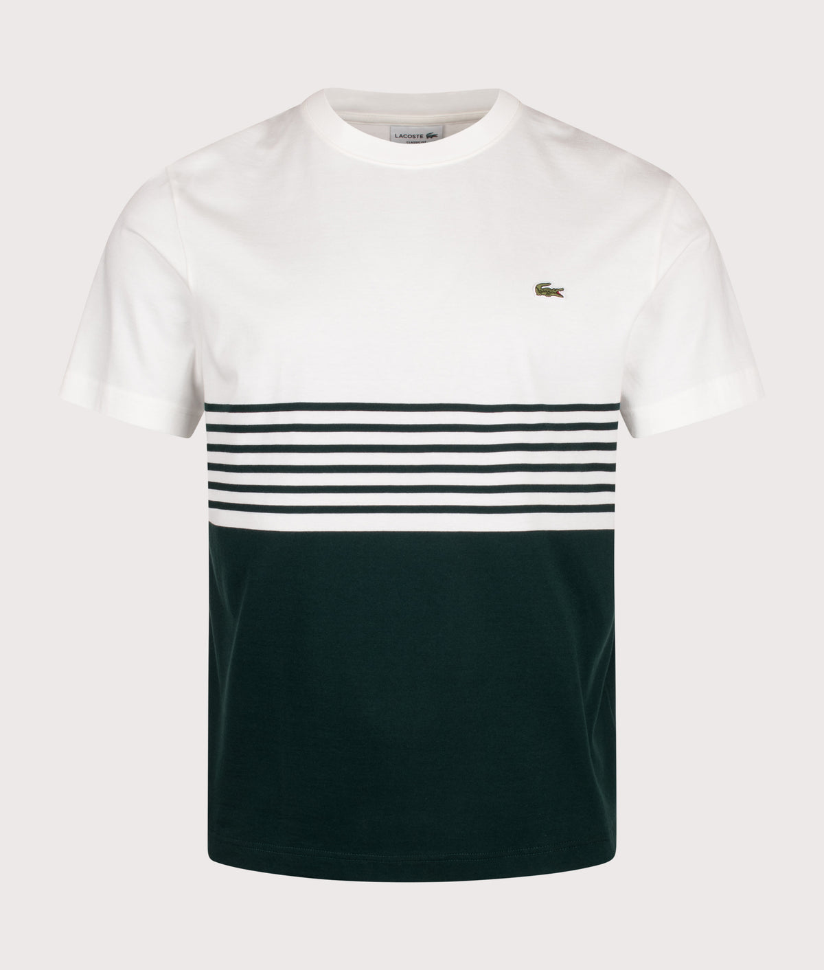 Lacoste Regular Fit Striped Colour Block T-Shirt in Flour and Sinople at EQVVS Menswear. Front shot.