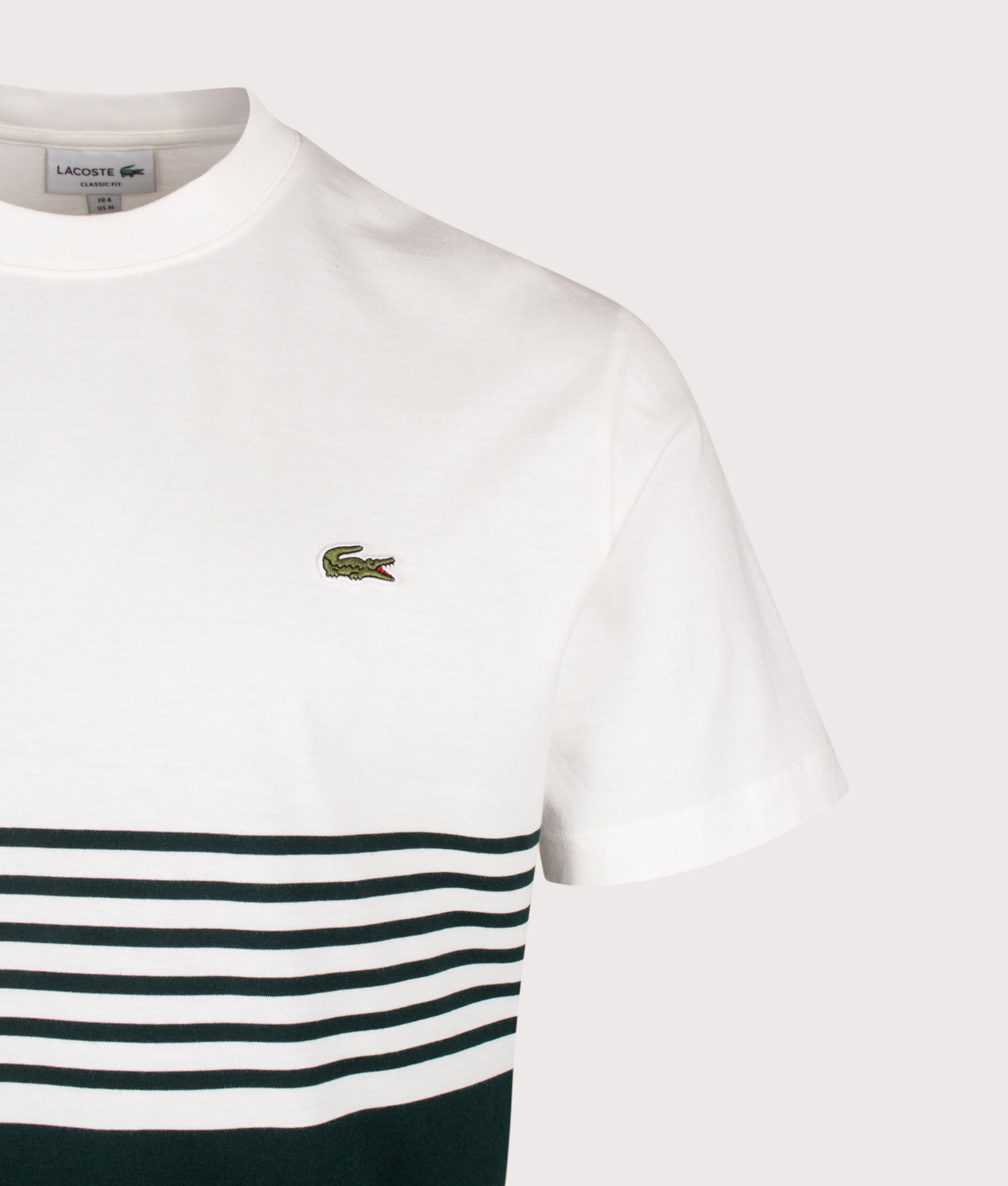 Lacoste Regular Fit Striped Colour Block T-Shirt in Flour and Sinople at EQVVS Menswear. Detail shot.