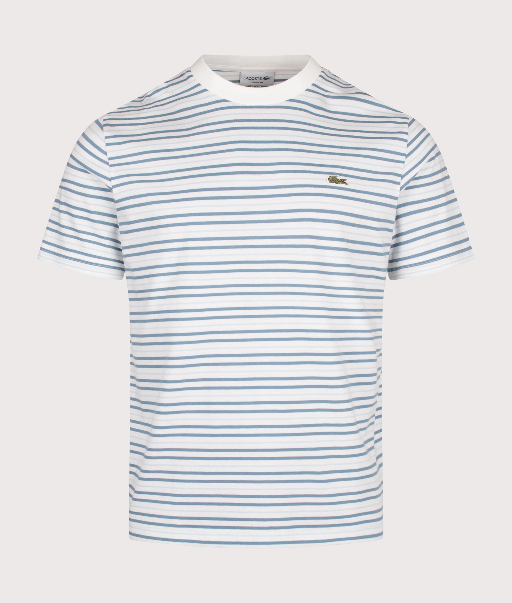 Lacoste Classic Fit Striped T-Shirt in Aral and Flour at EQVVS Menswear. Front shot.