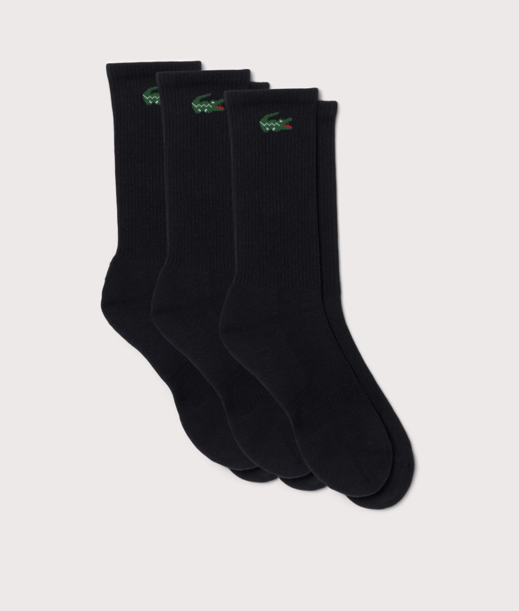 Lacoste 3 Pack Sport Socks in Black at EQVVS Menswear. Front shot.