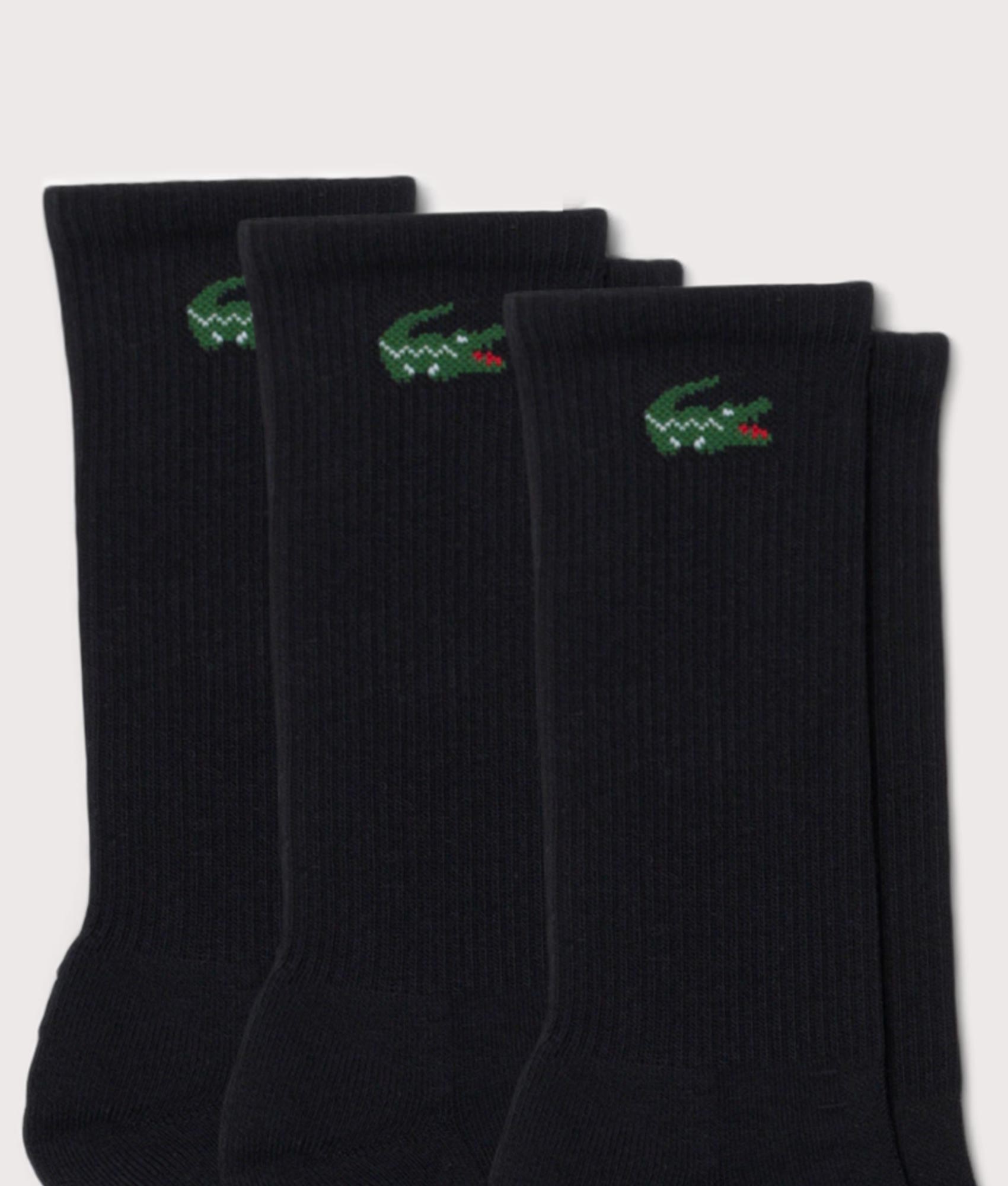 Lacoste 3 Pack Sport Socks in Black at EQVVS Menswear. Detail shot.