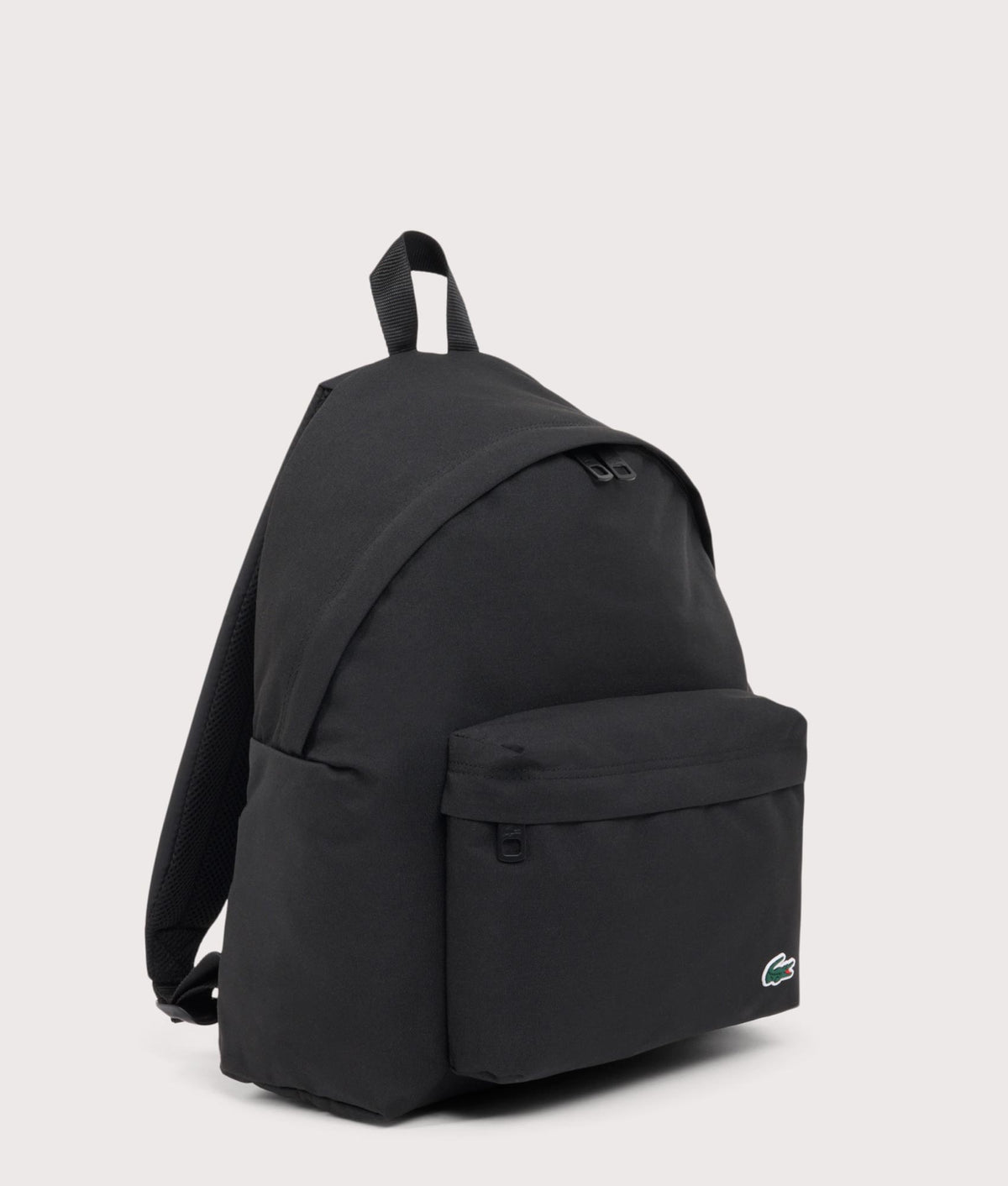 Lacoste Croc Logo Backpack in Noir at EQVVS Menswear. Angled front shot.
