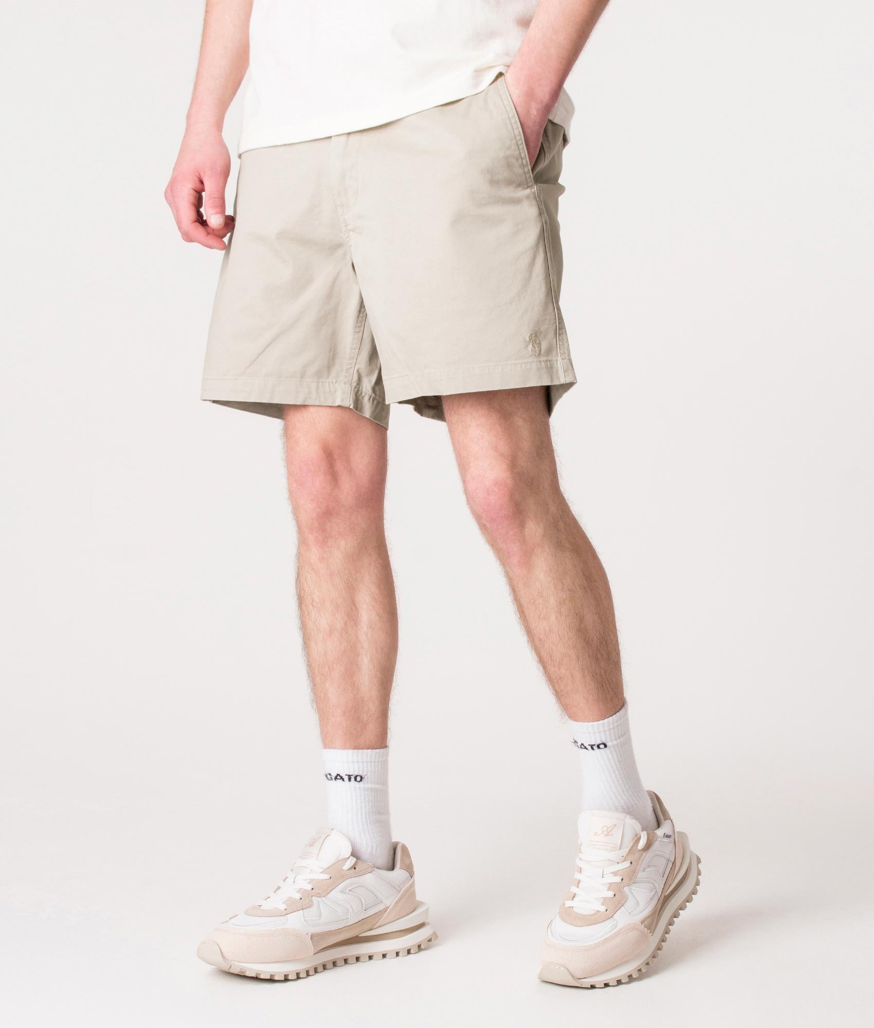 Polo Ralph Lauren Regular Fit Prepster Stretch Twill Chino Shorts in Khaki Tan at EQVVS Menswear. Model front shot.