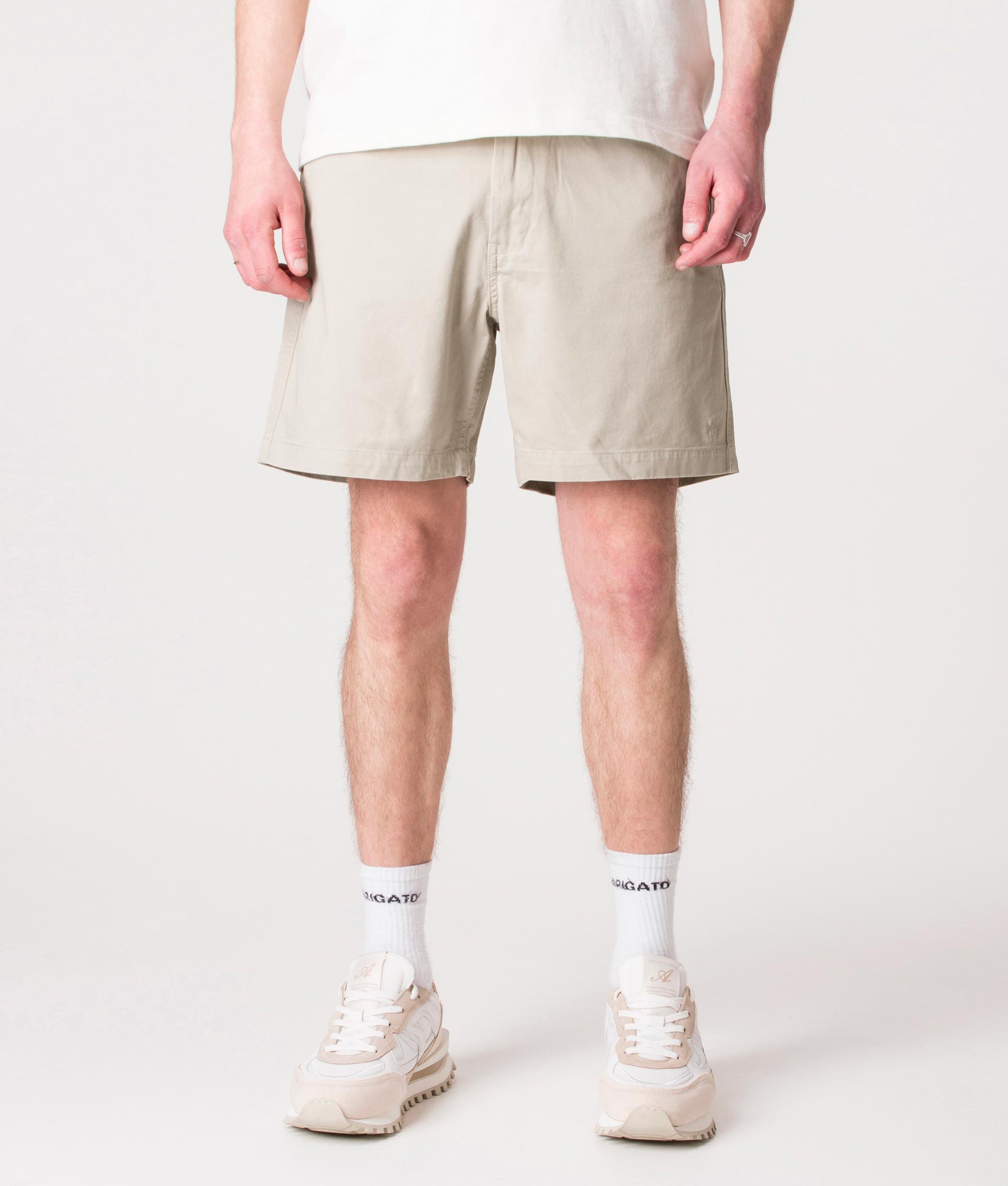 Polo Ralph Lauren Regular Fit Prepster Stretch Twill Chino Shorts in Khaki Tan at EQVVS Menswear. Model front shot.