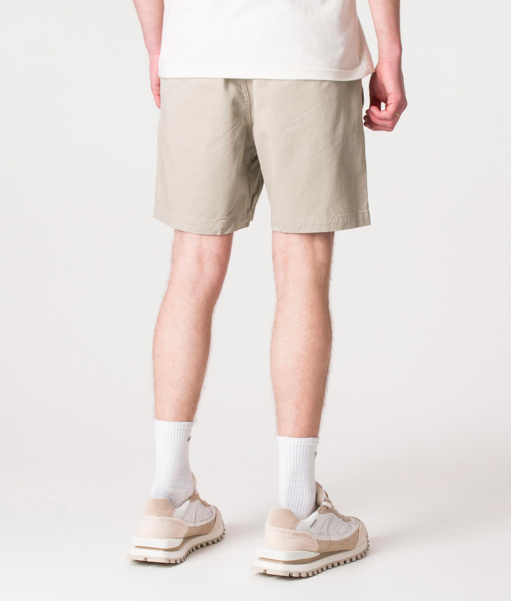 Polo Ralph Lauren Regular Fit Prepster Stretch Twill Chino Shorts in Khaki Tan at EQVVS Menswear. Model back shot.
