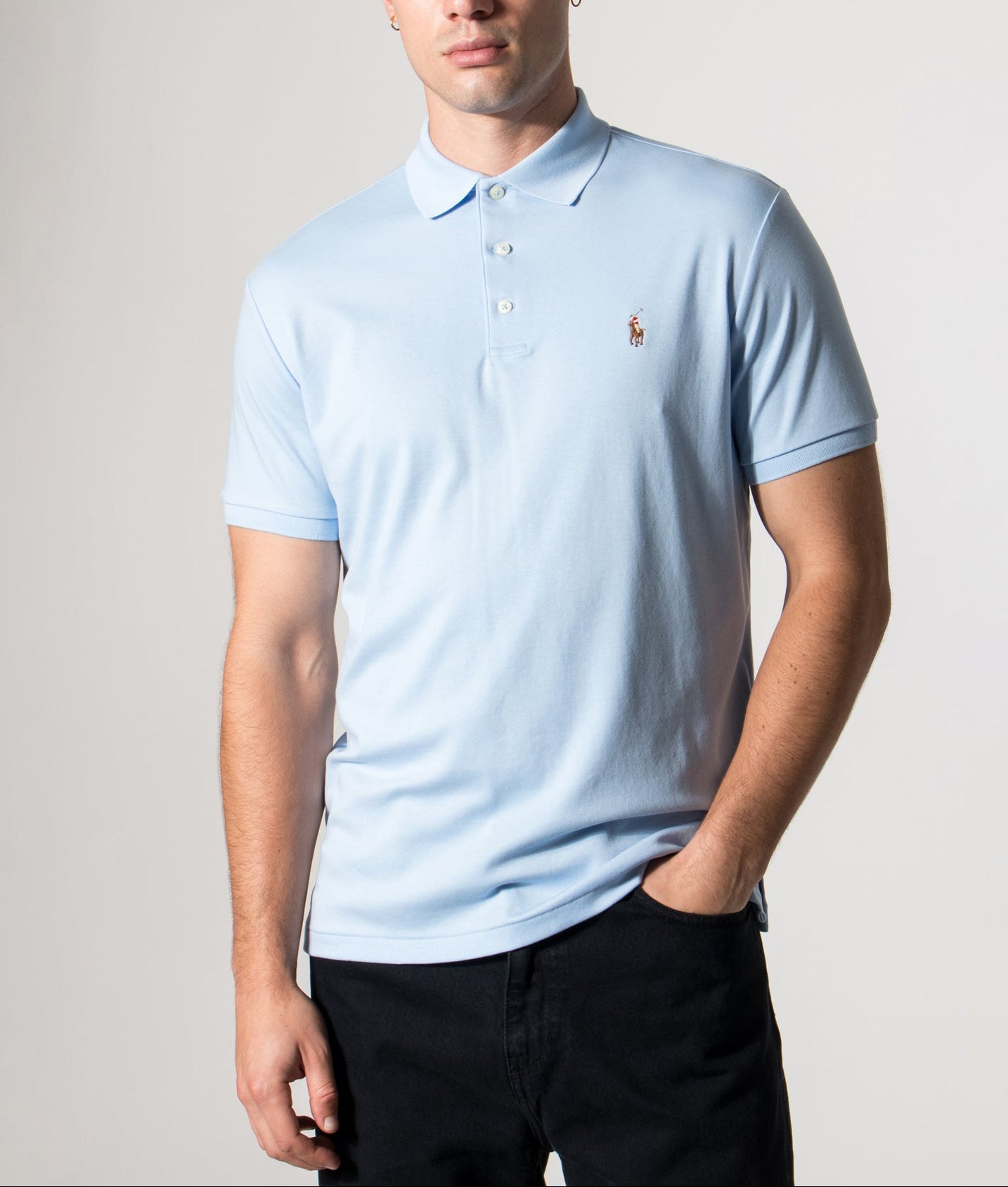Polo Ralph Lauren Custom Slim Fit Interlock Polo Shirt in Elite Blue at EQVVS Menswear. Front model Shot. 