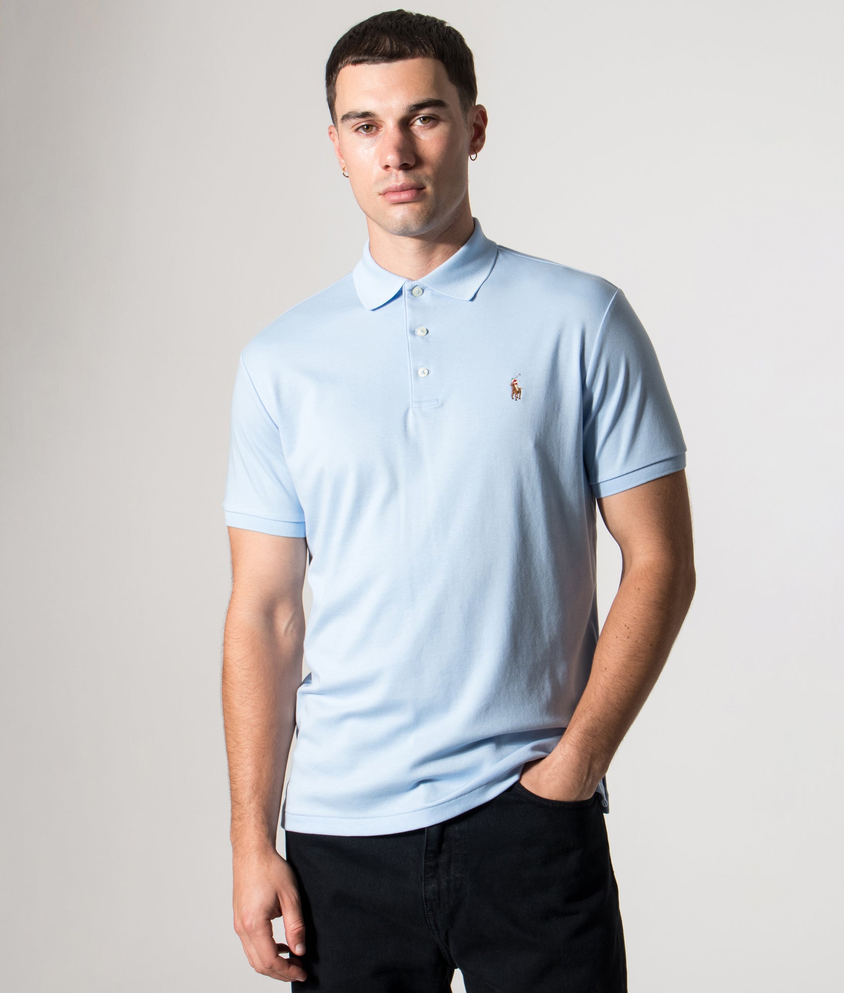 Polo Ralph Lauren Custom Slim Fit Interlock Polo Shirt in Elite Blue at EQVVS Menswear. Front model Shot. 
