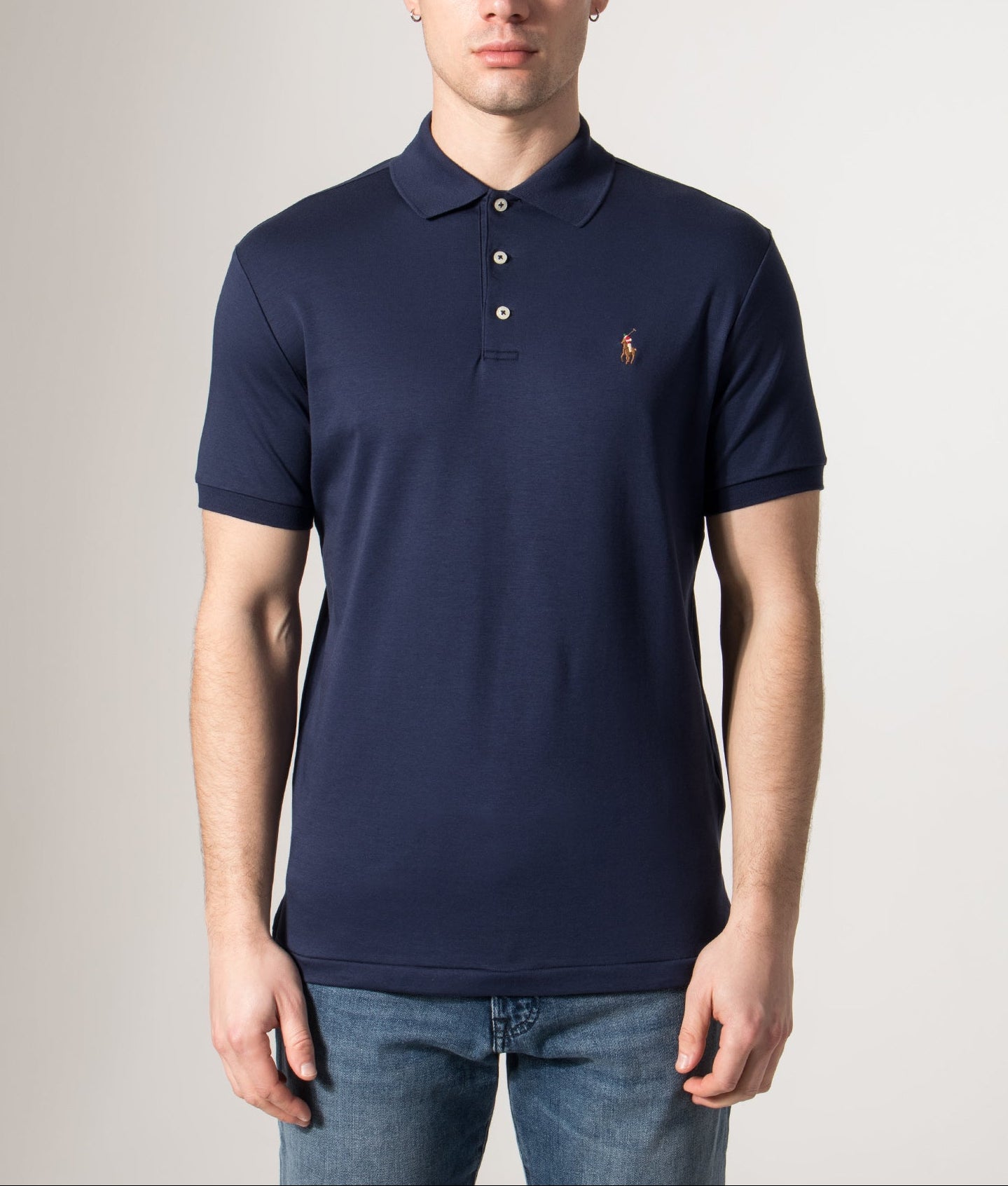 Polo Ralph Lauren Custom Slim Fit Interlock Polo Shirt in French Navy at EQVVS Menswear. Model front shot.